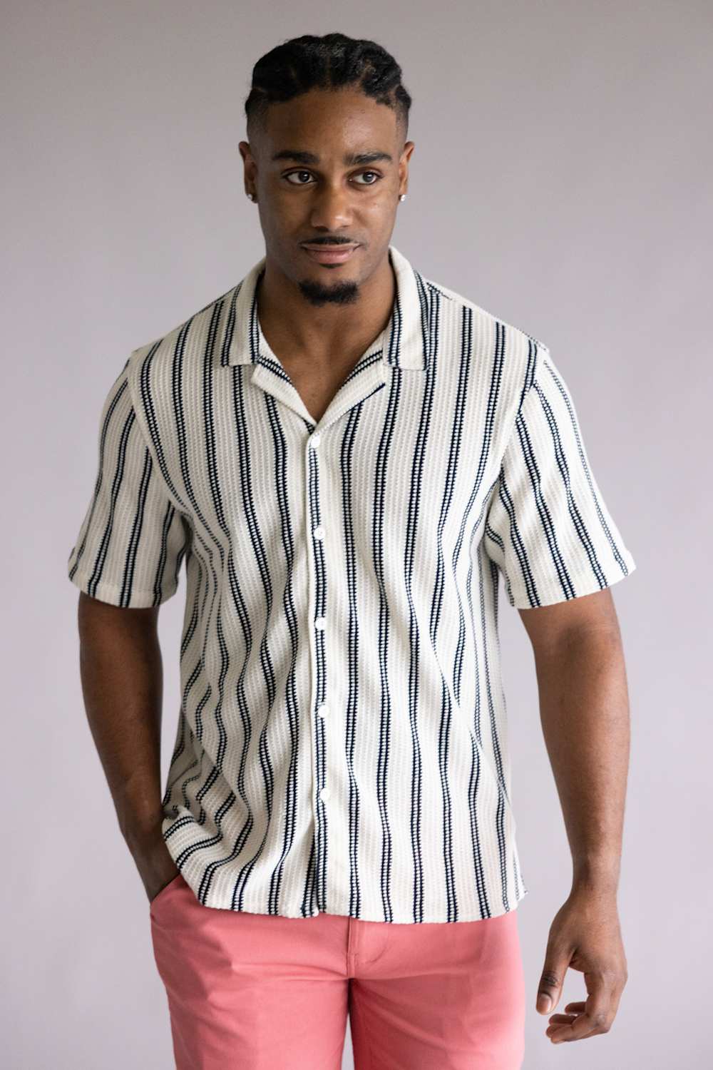 Textured Woven Button Up Shirt for Men in Cream/Black | 7PW7532M-CREAM - Image 2