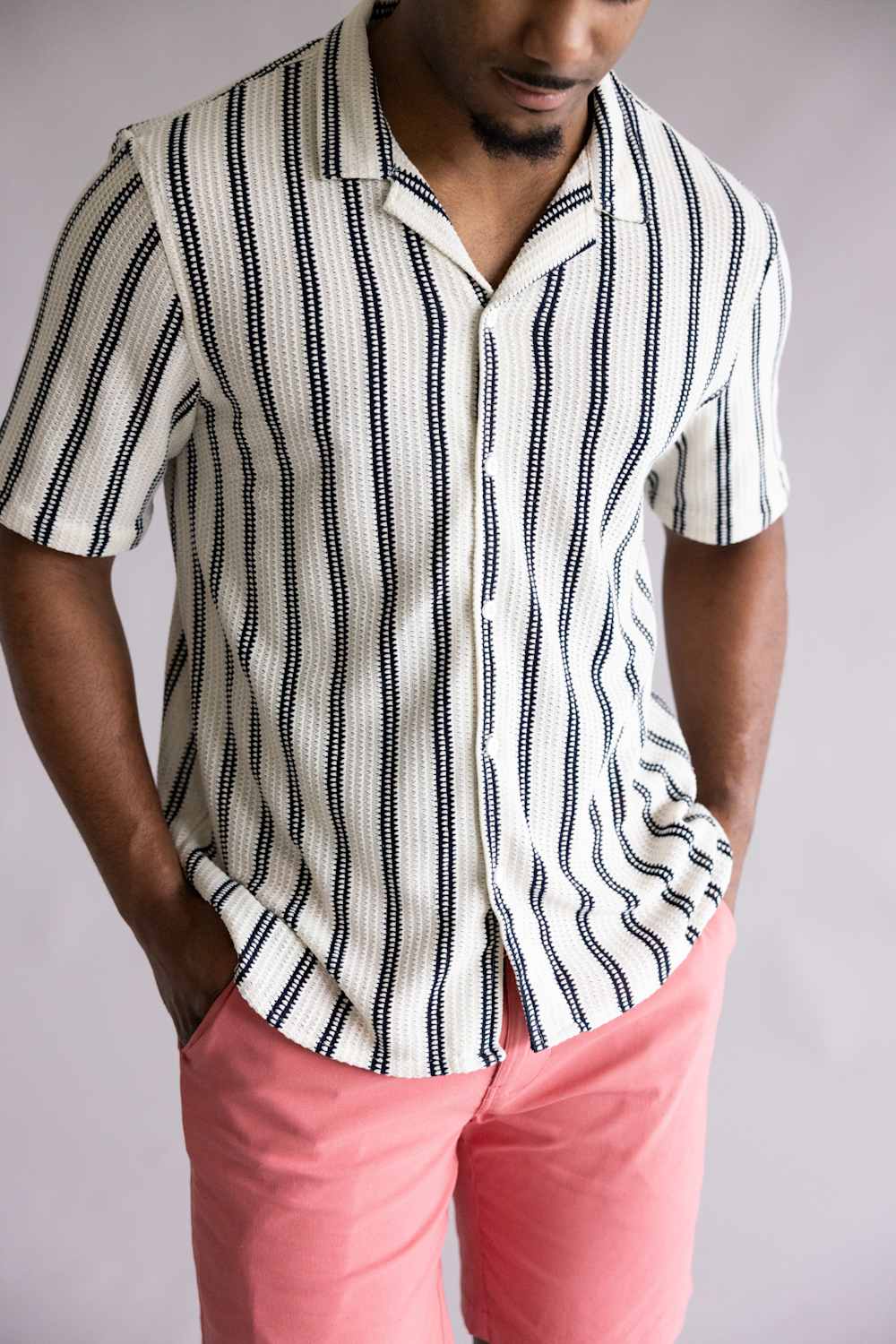 Textured Woven Button Up Shirt for Men in Cream/Black | 7PW7532M-CREAM - Image 4