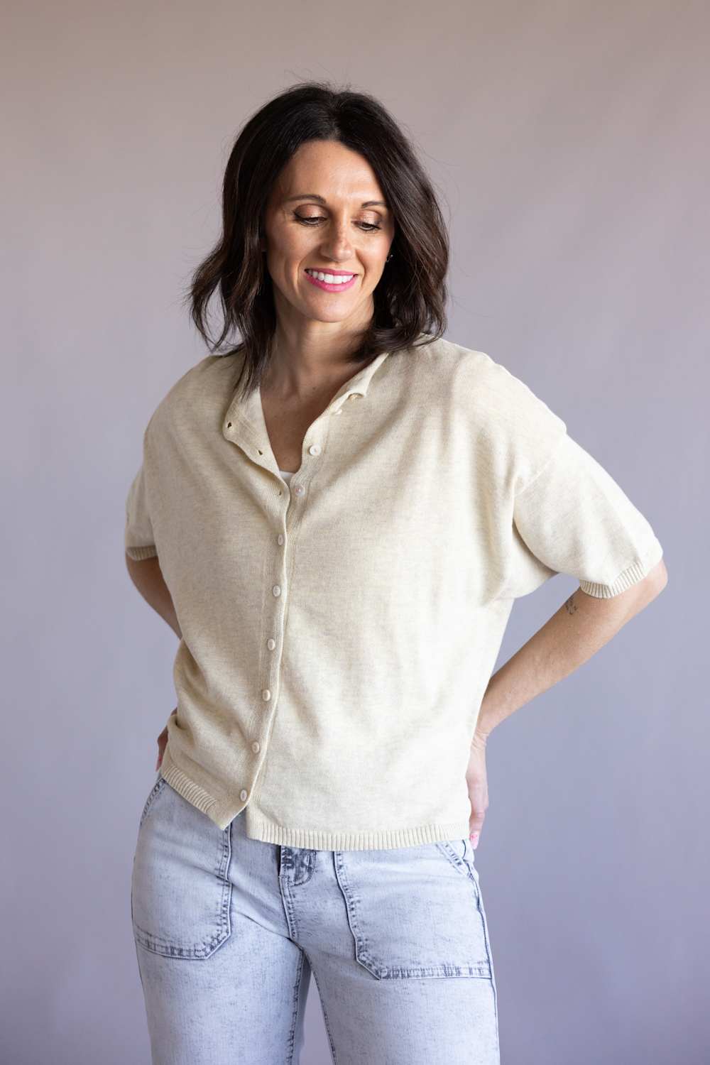 Things Between Half Sleeve Toby Cardigan for Women in Oatmeal | TBW13717-OAT - Image 4
