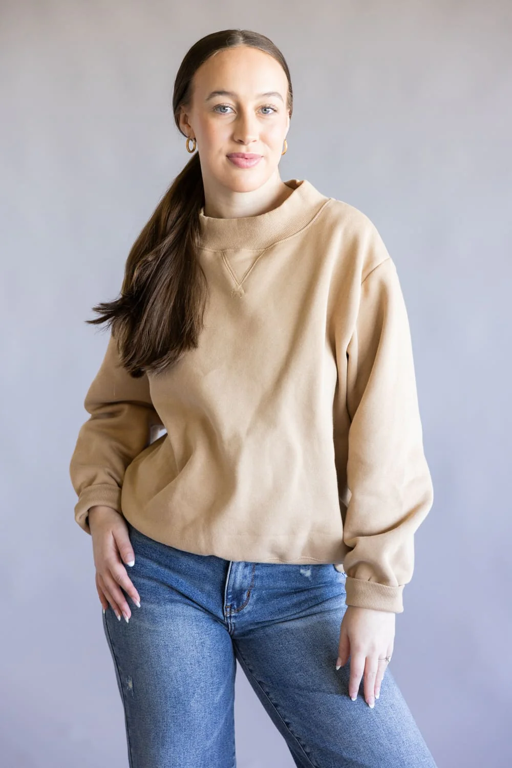 Things Between Mock Neck Pullover for Women in Tan | TBT14112-TAN - Image 3