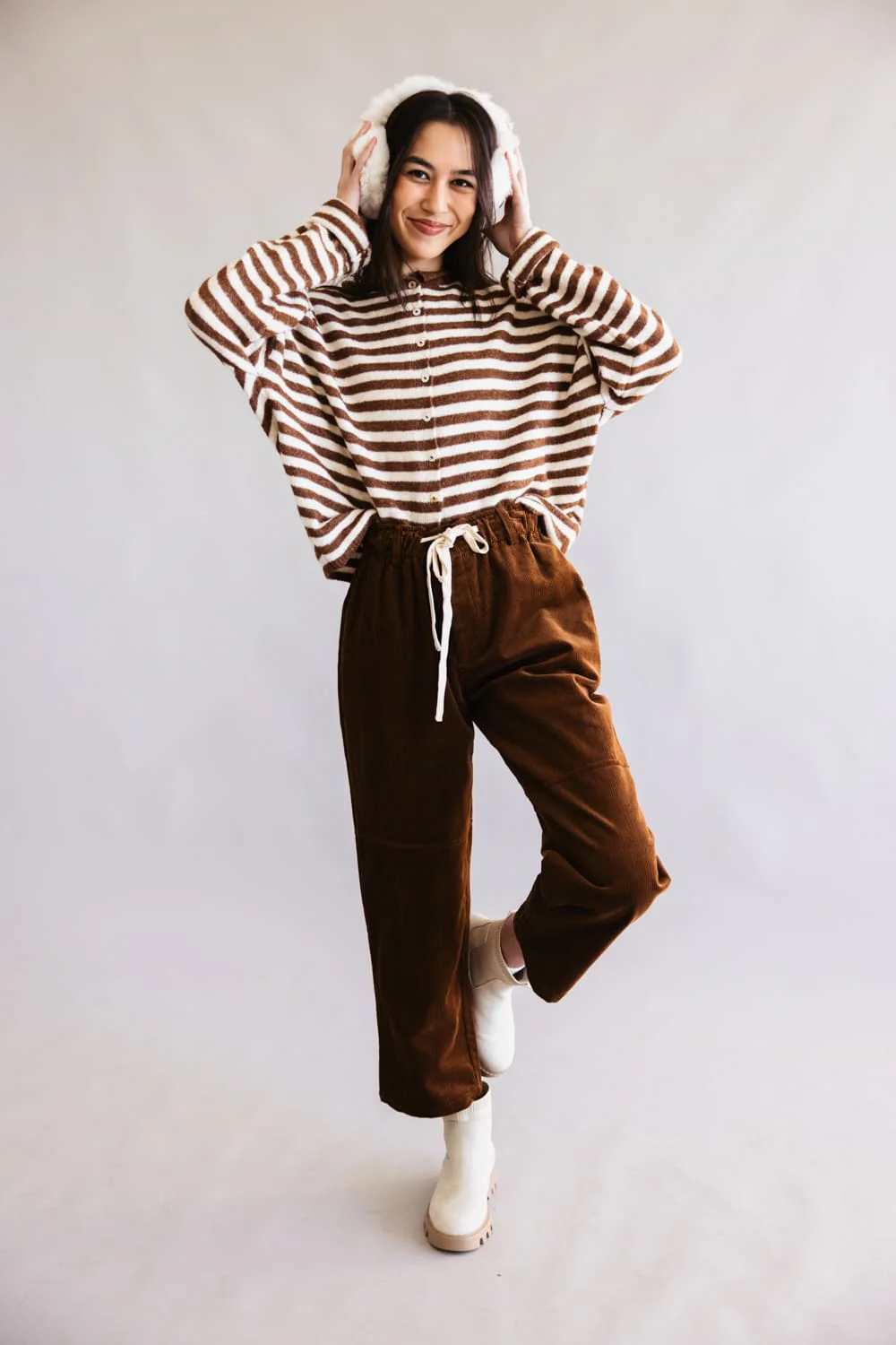 Things Between Piper Cardigan for Women in Brown Stripe | TBW1223-IRYBRN - Image 2