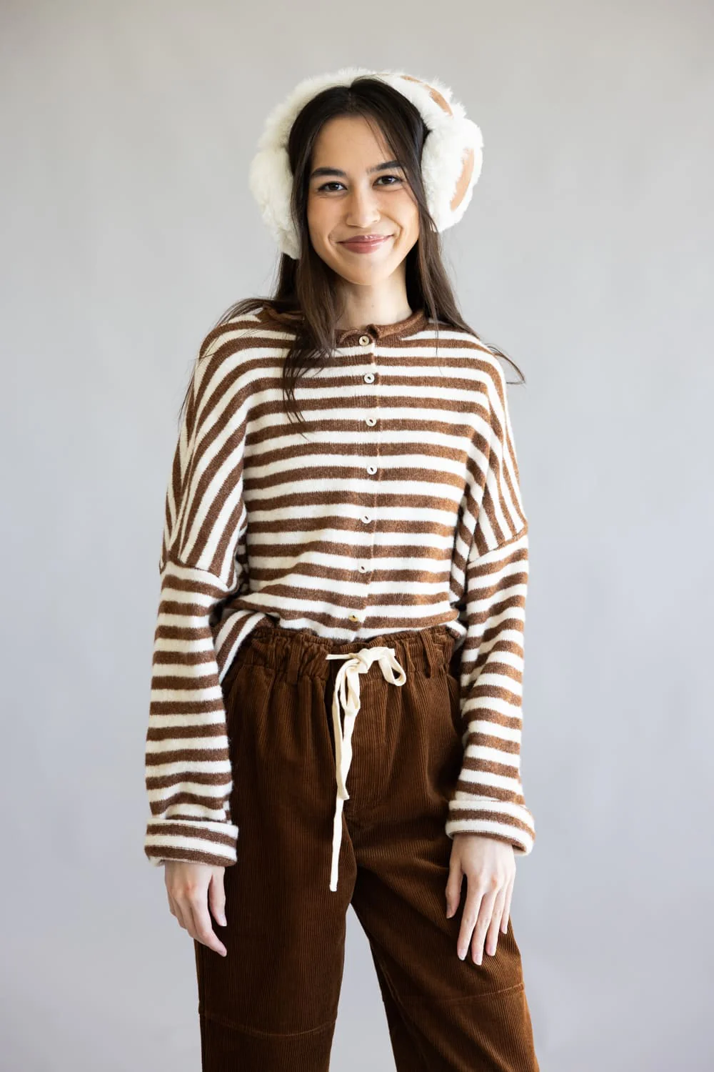 Things Between Piper Cardigan for Women in Brown Stripe | TBW1223-IRYBRN - Image 3