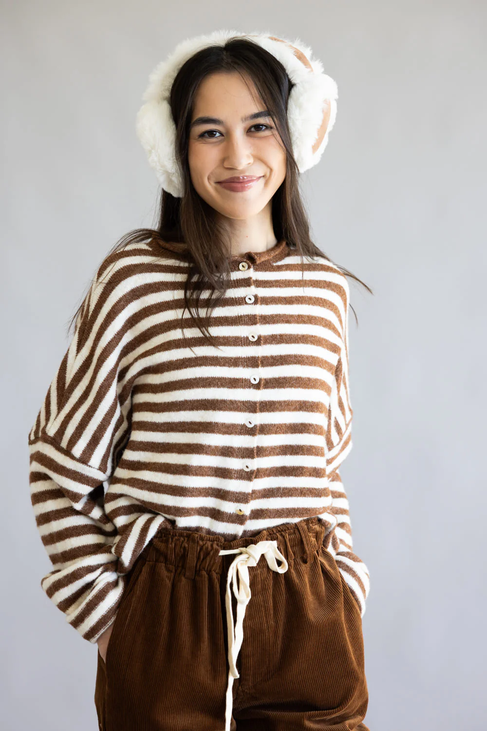 Things Between Piper Cardigan for Women in Brown Stripe | TBW1223-IRYBRN - Image 4