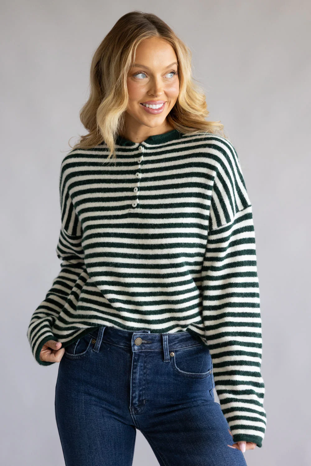 Things Between Piper Henley Shirt for Women in Forest Green Stripe | TBW14174-GRN - Image 5