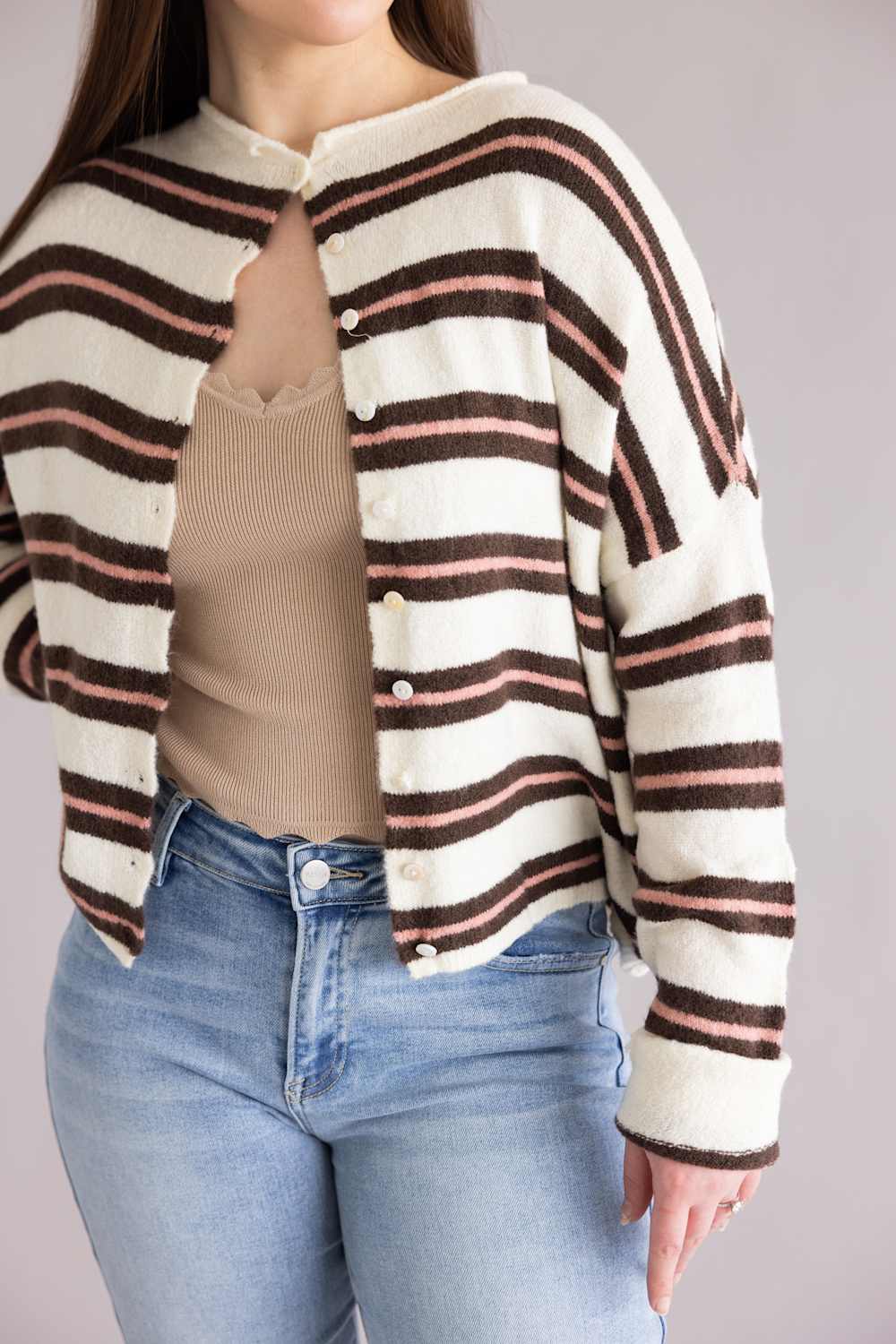 Things Between Varsity Striped Piper Cardigan for Women in Ivory | TBW14574-IRY - Image 3