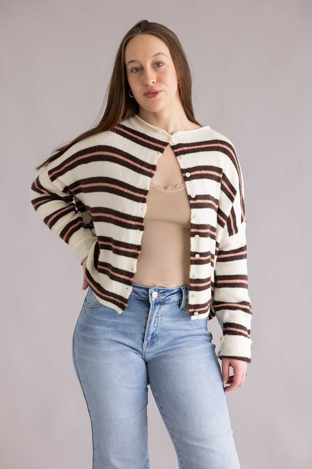 Things Between Varsity Striped Piper Cardigan for Women in Ivory | TBW14574-IRY - Image 4
