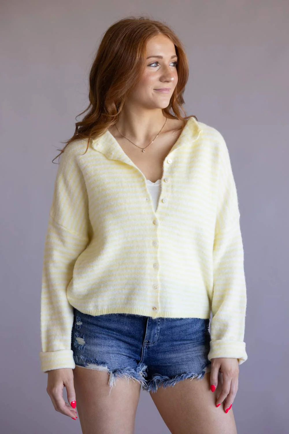 Things Between Striped Piper Cardigan for Women in Butter | TBW13418-BTR - Image 4