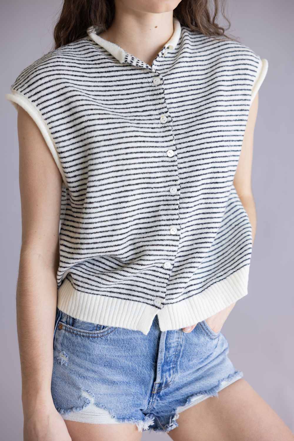 Things Between Piper Vest for Women in Ivory/Black Stripe | TBW13703-IRYBLK - Image 2