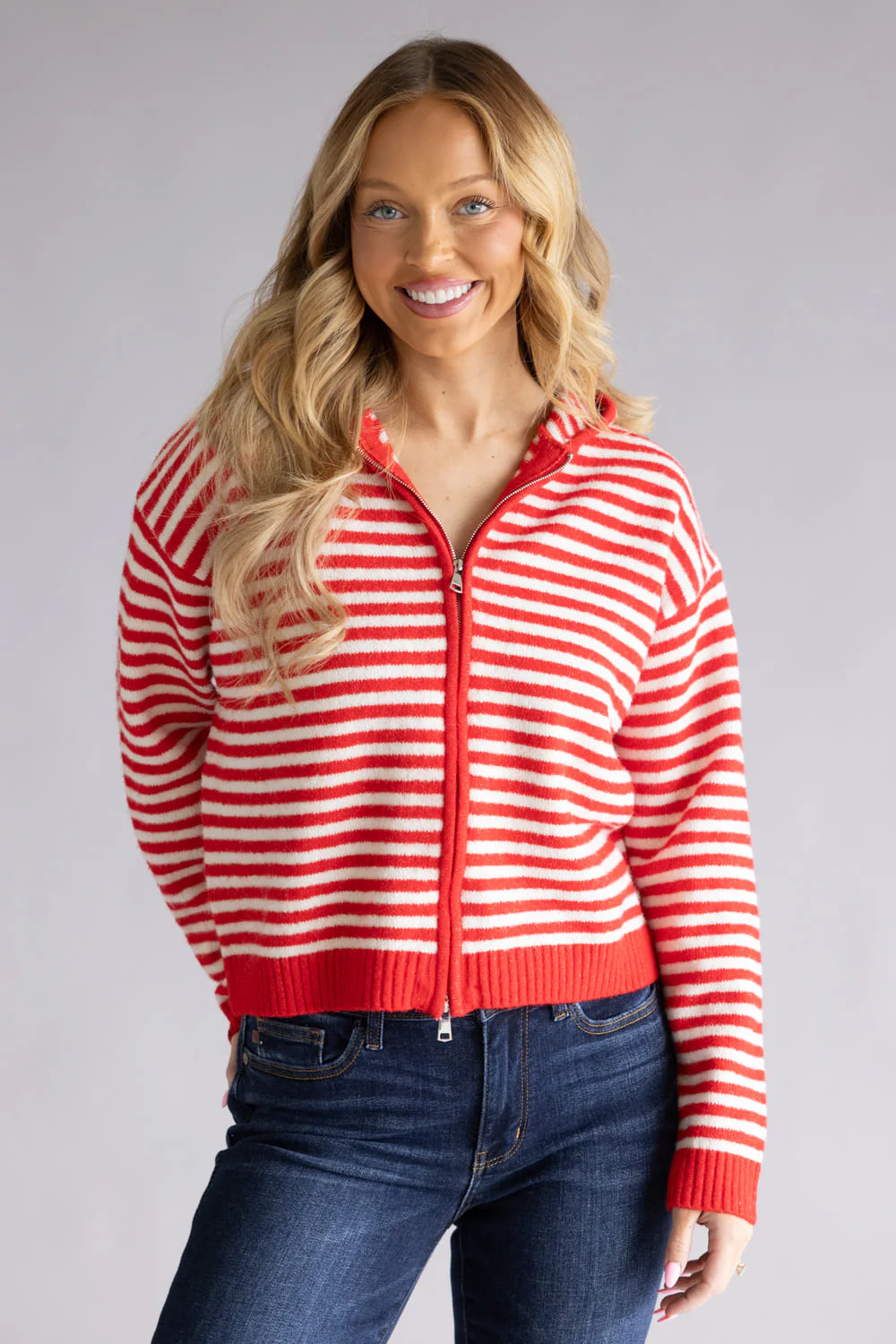 Things Between Striped Full Zip Hooded Cardigan for Women in Red | TBW14111-RED - Image 4
