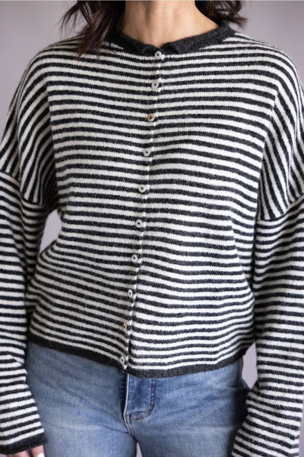 Things Between Striped Piper Cardigan for Women in Charcoal | TBW13418-CHC - Image 2