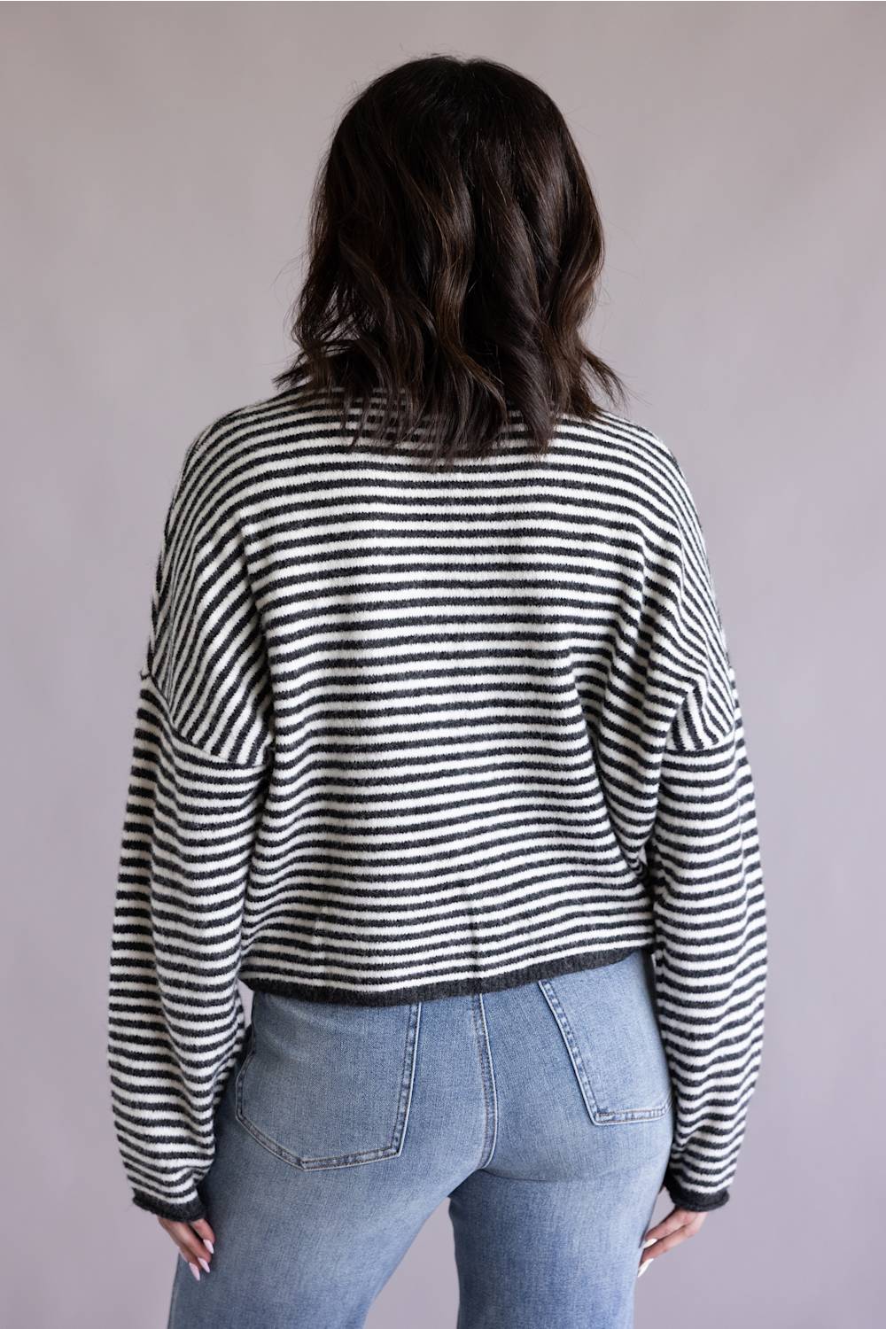 Things Between Striped Piper Cardigan for Women in Charcoal | TBW13418-CHC - Image 3
