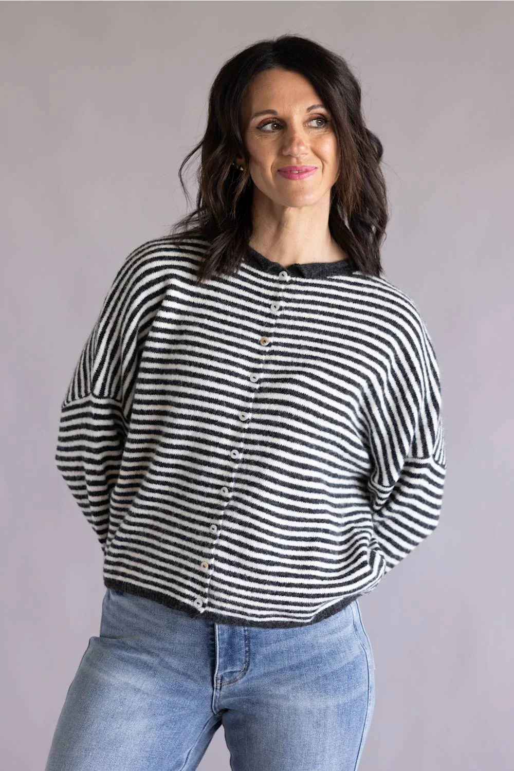 Things Between Striped Piper Cardigan for Women in Charcoal | TBW13418-CHC - Image 4