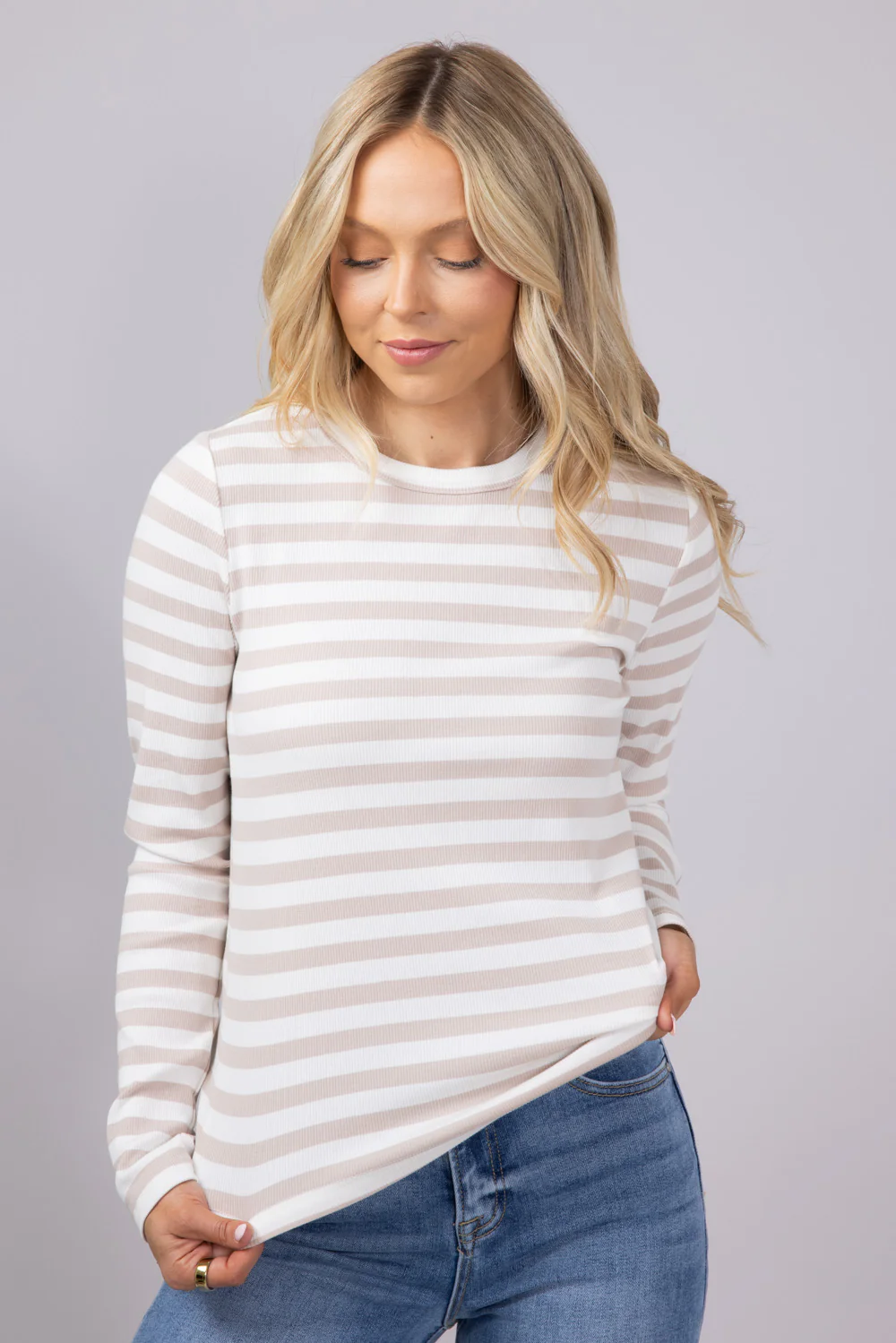 Thread & Supply Jess Striped Long Sleeve Shirt for Women in White/Tan | T2960BRTS-WHITETANST1145 - Image 3