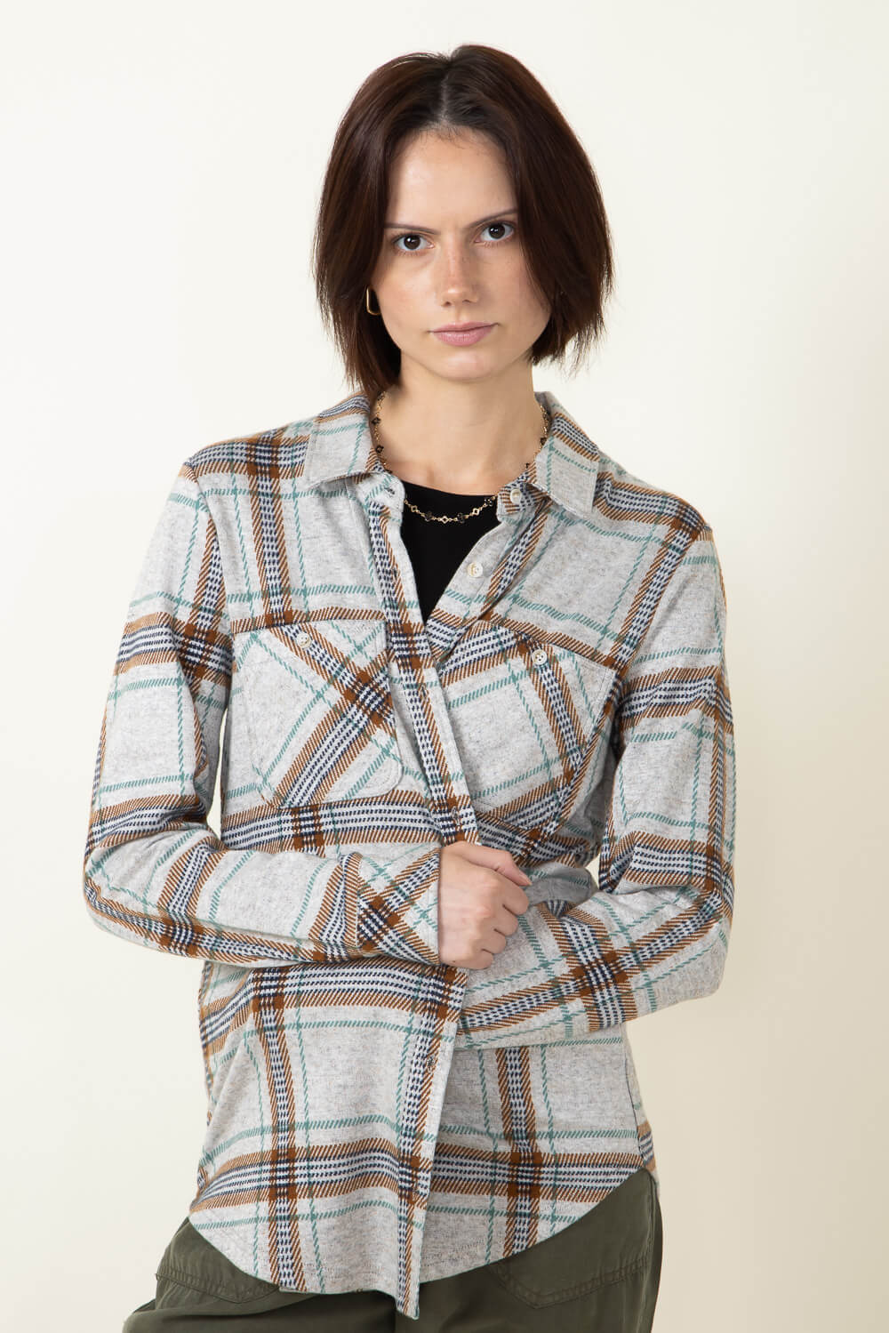 Thread & Supply Lewis Soft Luxe Button Up Shirt for Women in Grey/Green/Brown Plaid | T1084PVXGK-GREYGREENBROWNPLAID - Image 4