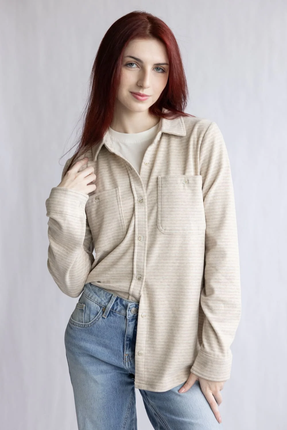 Thread & Supply Lewis Soft Luxe Button Up Shirt for Women in Tan White | T1084PVXTS-TANWHITE - Image 2