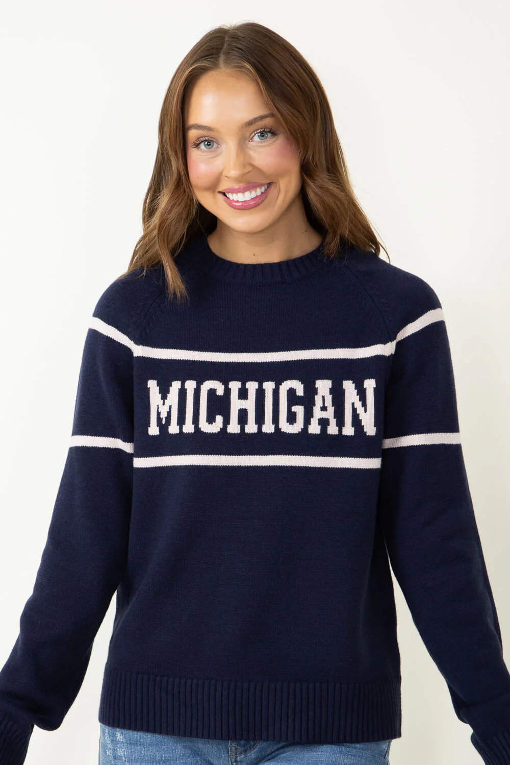 Thread & Supply Michigan Varsity Lettering Sweater for Women in Navy | T2346SWTS - Image 4