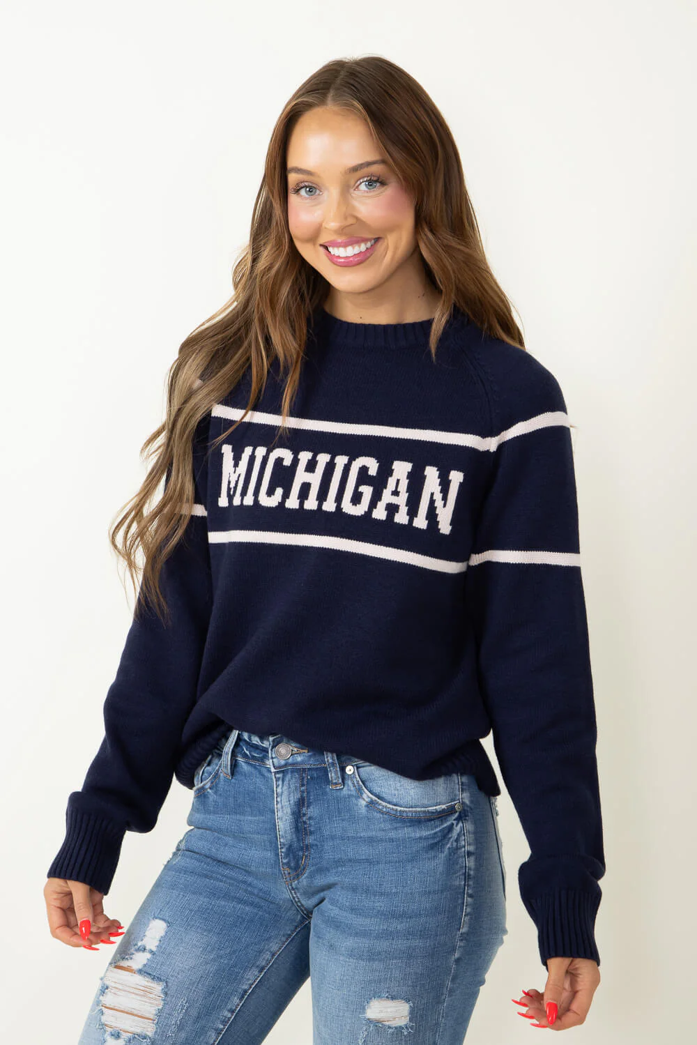 Thread & Supply Michigan Varsity Lettering Sweater for Women in Navy | T2346SWTS - Image 5