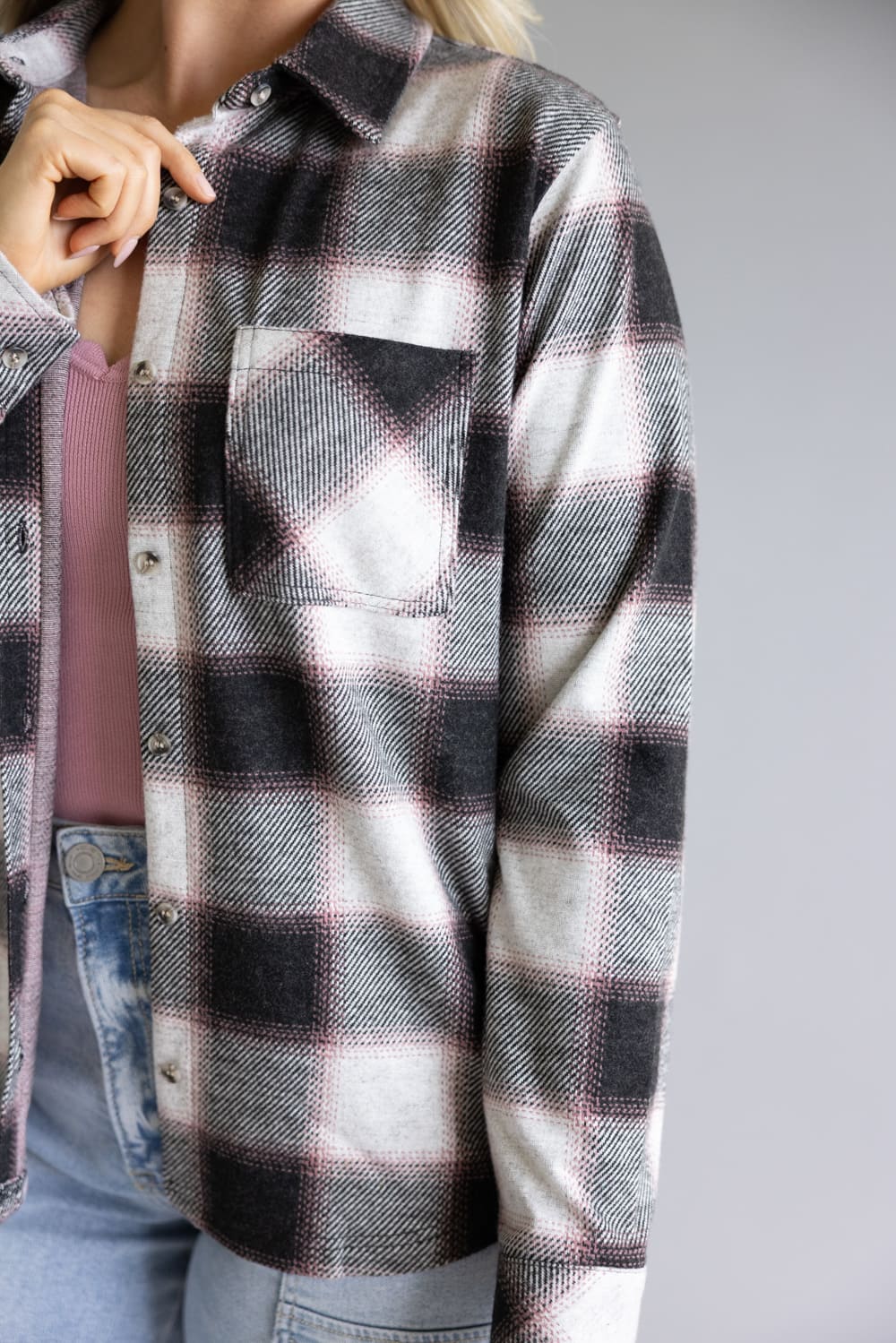 Thread & Supply Saja Button Up Shirt for Women in Black White Rose Plaid | T3822PVTS-WHITEROSEPLAID - Image 3