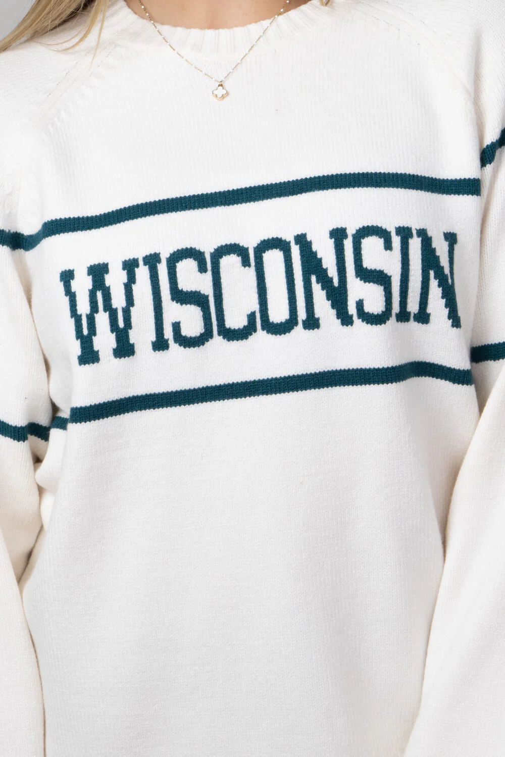 Thread & Supply Wisconsin Varsity Lettering Sweater for Women in Cream/Pinegreen | T2454SWTS-OFFWHITEPINE - Image 3