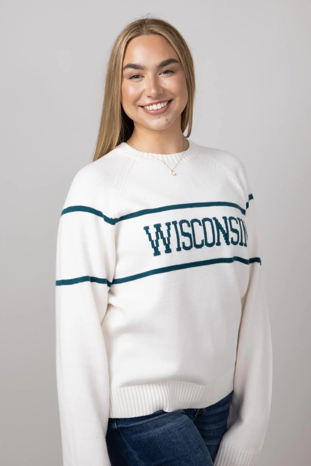 Thread & Supply Wisconsin Varsity Lettering Sweater for Women in Cream/Pinegreen | T2454SWTS-OFFWHITEPINE - Image 4