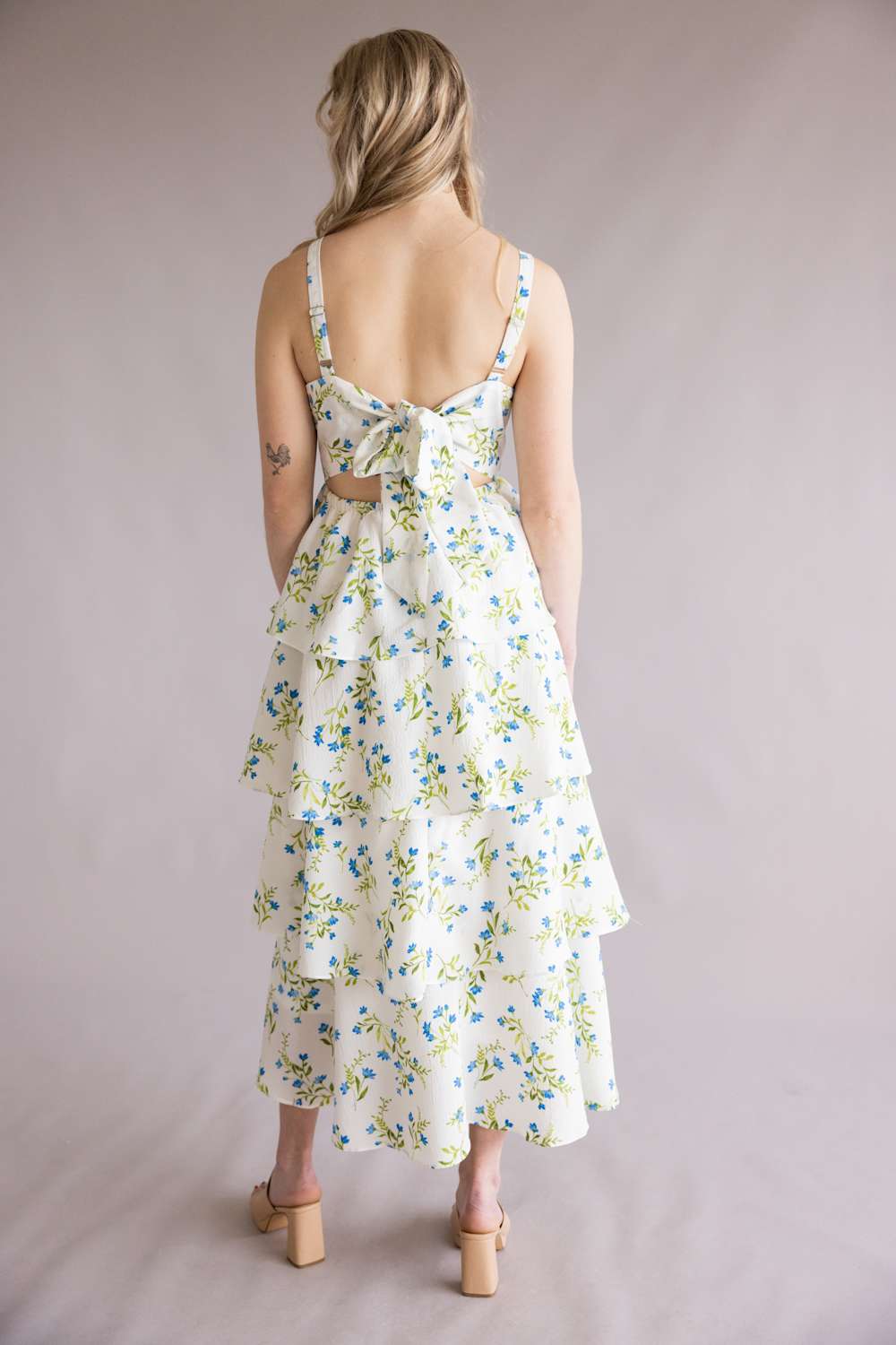 Tiered Tie Back Floral Maxi Dress for Women in White/Blue | CR2885-BLUEMULTI - Image 2