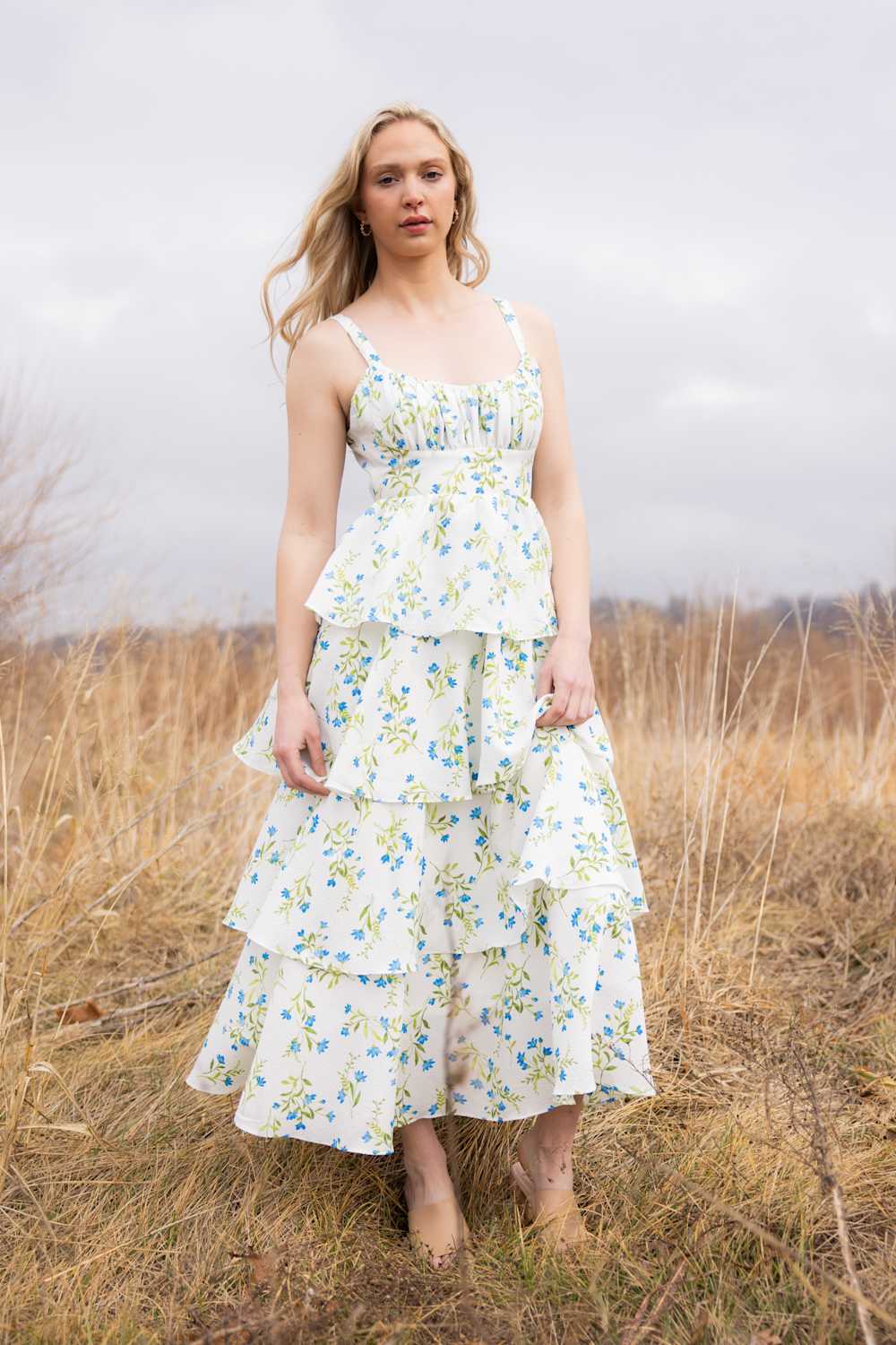 Tiered Tie Back Floral Maxi Dress for Women in White/Blue | CR2885-BLUEMULTI - Image 3