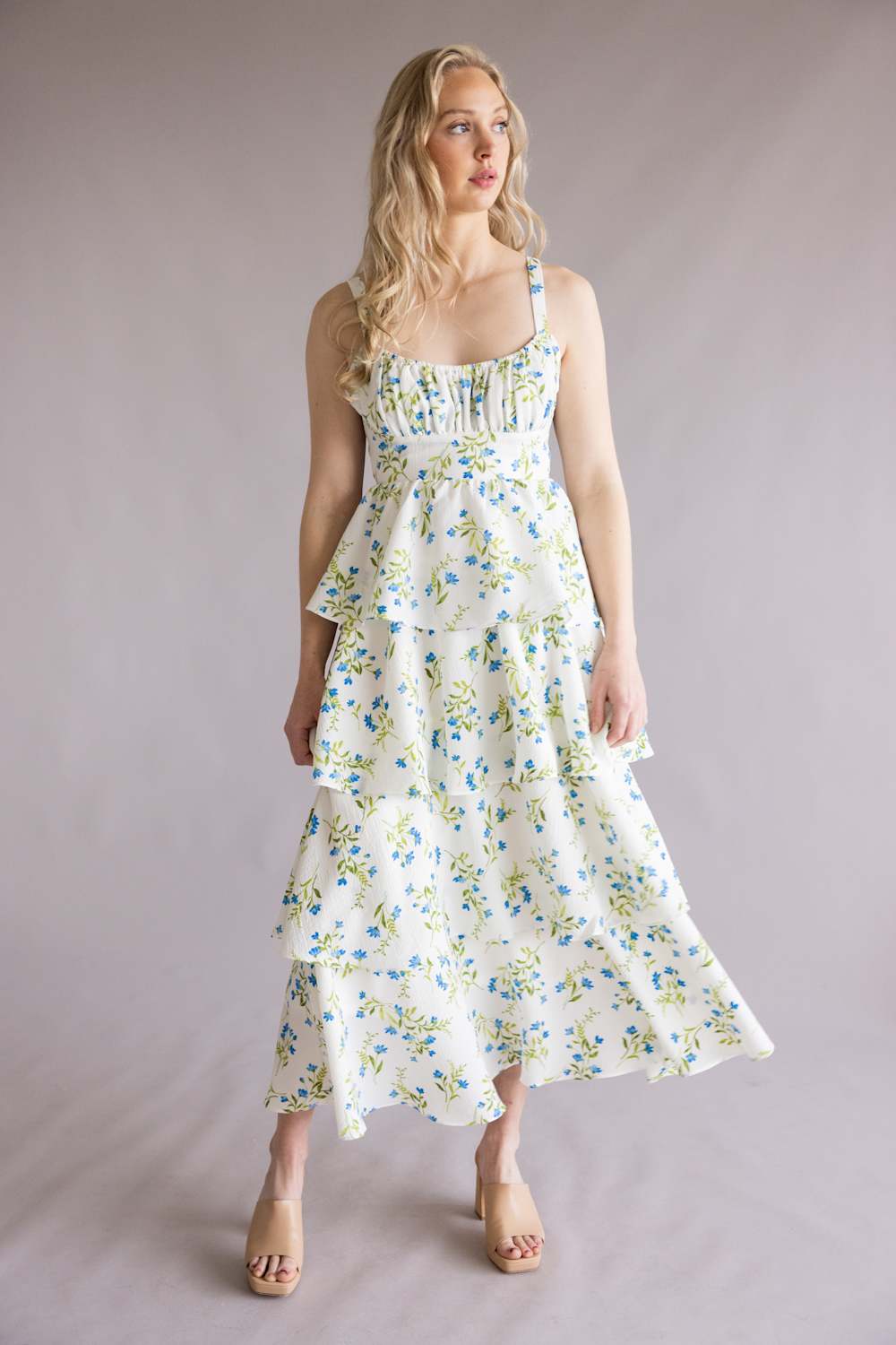 Tiered Tie Back Floral Maxi Dress for Women in White/Blue | CR2885-BLUEMULTI - Image 5