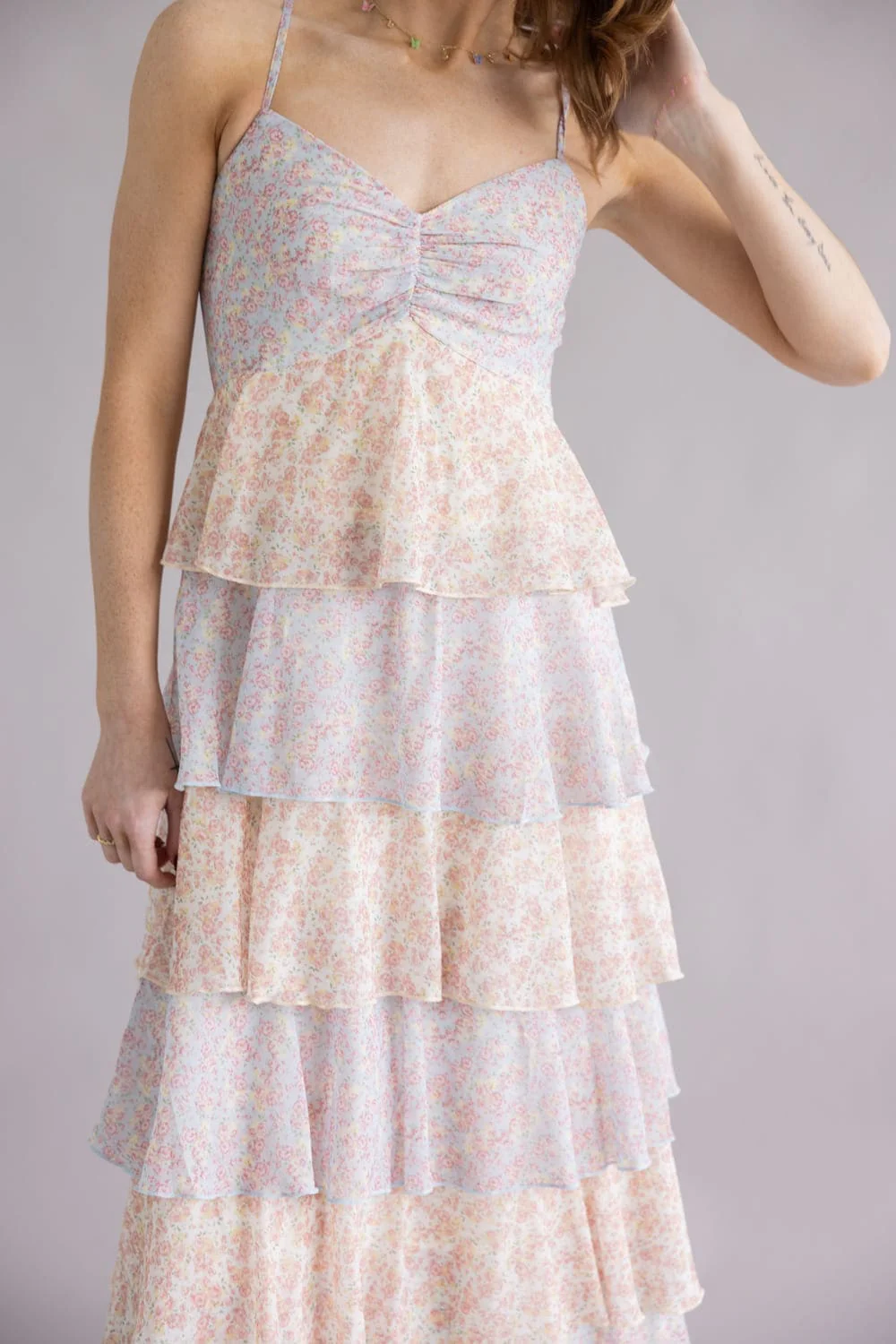 Tiered Floral Ruffle Maxi Dress for Women in Multi | A1050DG-PASTELMULTI - Image 3