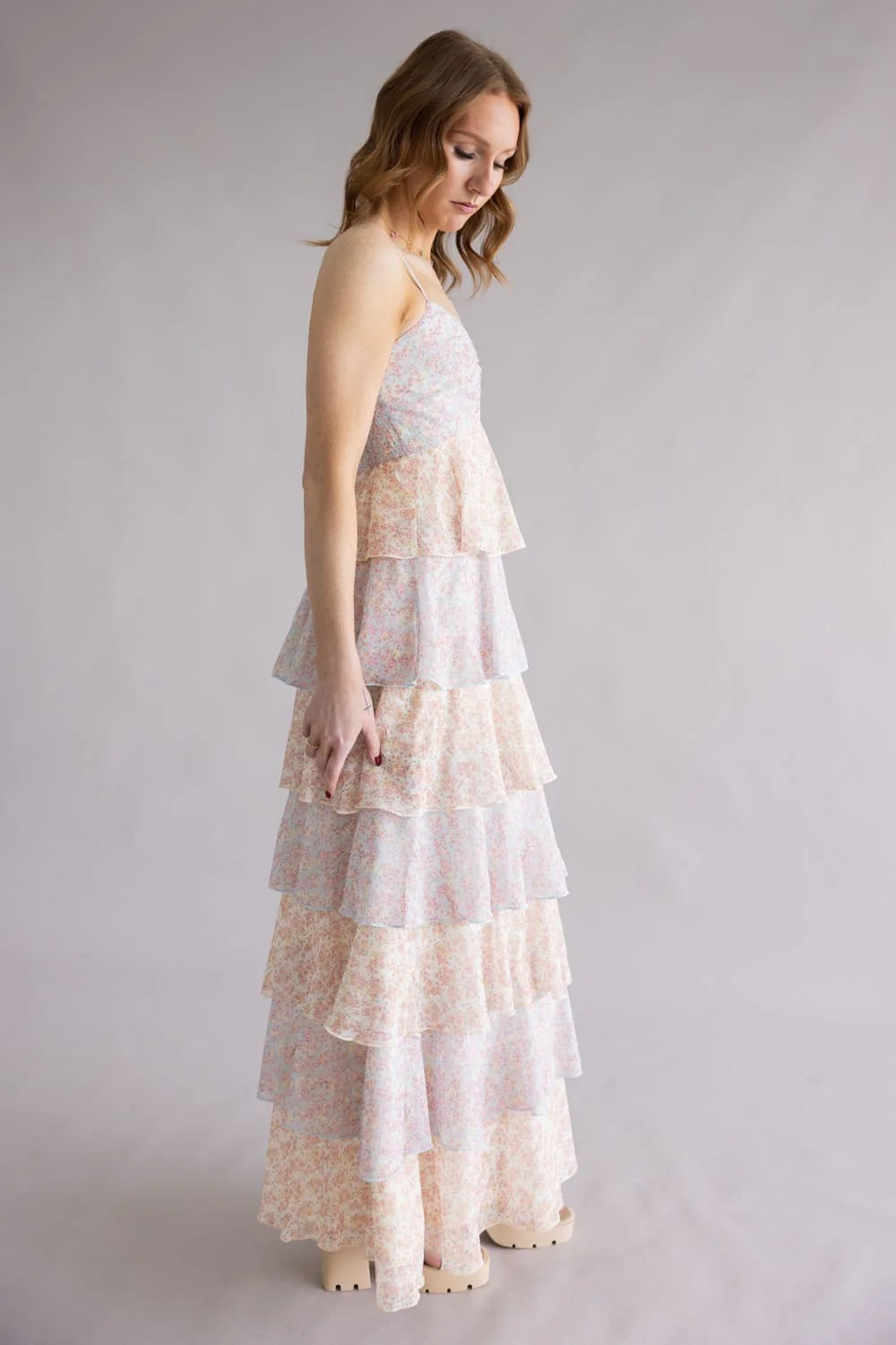 Tiered Floral Ruffle Maxi Dress for Women in Multi | A1050DG-PASTELMULTI - Image 4