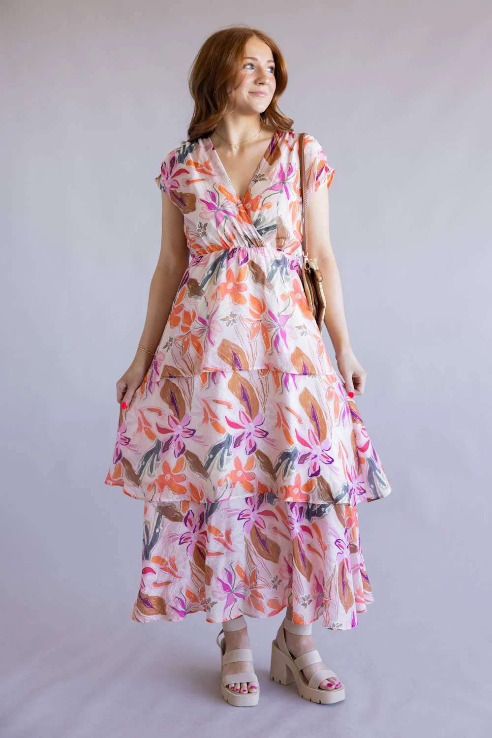 Tiered Floral V-Neck Midi Dress for Women in Pink | KD-1836-6-PNK - Image 3