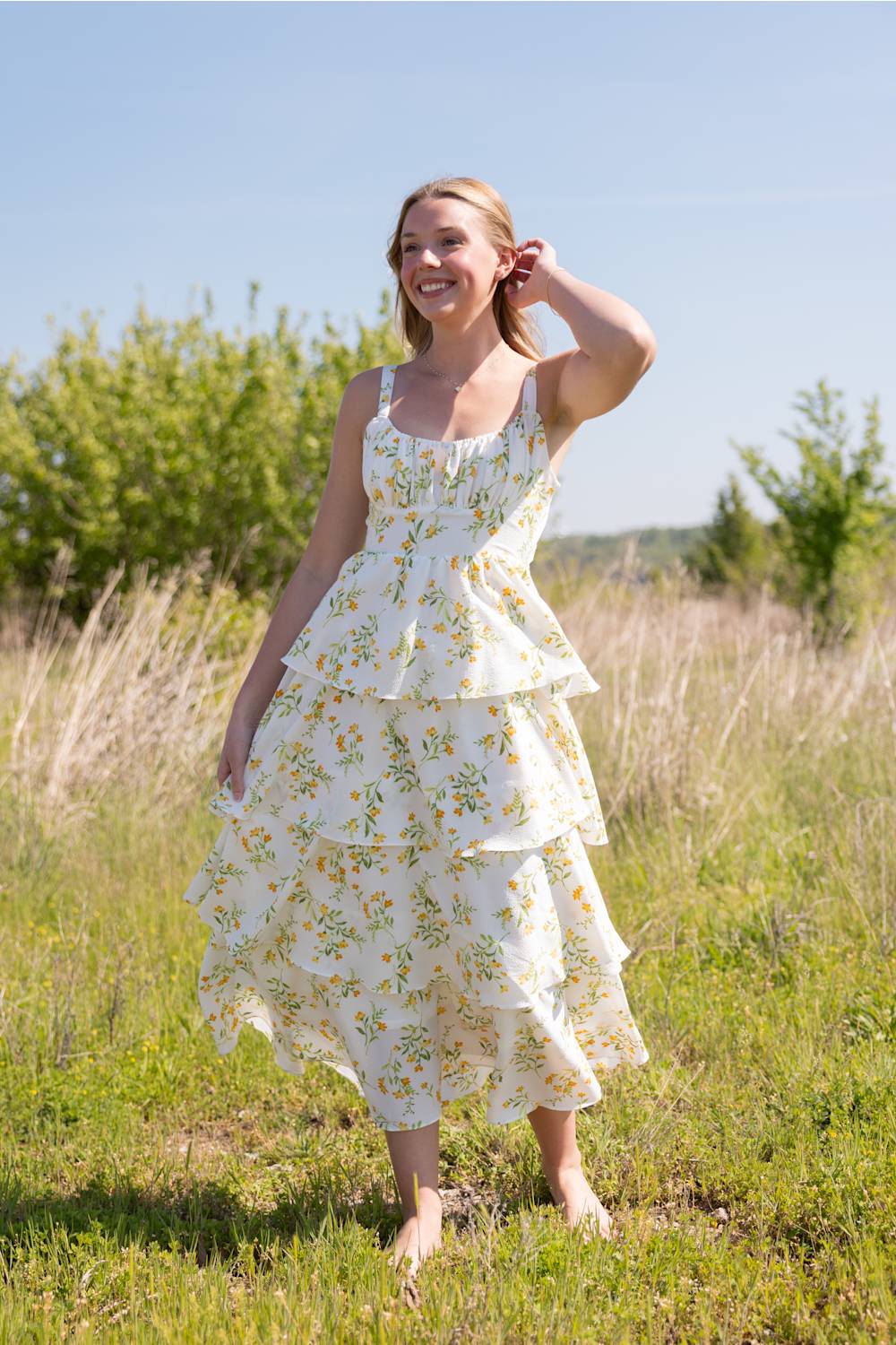 Tiered Tie Back Floral Maxi Dress for Women in White/Yellow | CR2885-YELLOWMULTI - Image 2