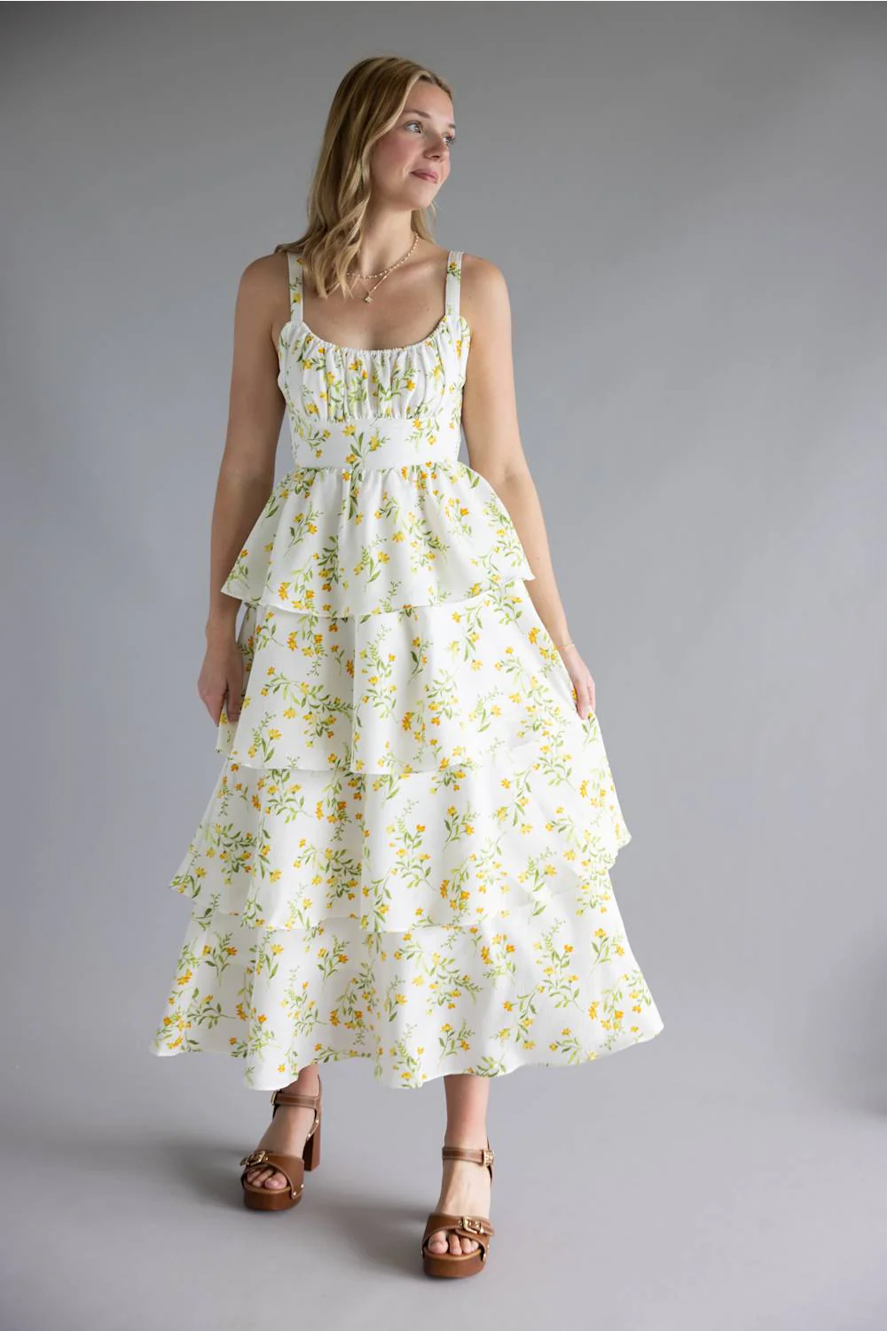Tiered Tie Back Floral Maxi Dress for Women in White/Yellow | CR2885-YELLOWMULTI - Image 3