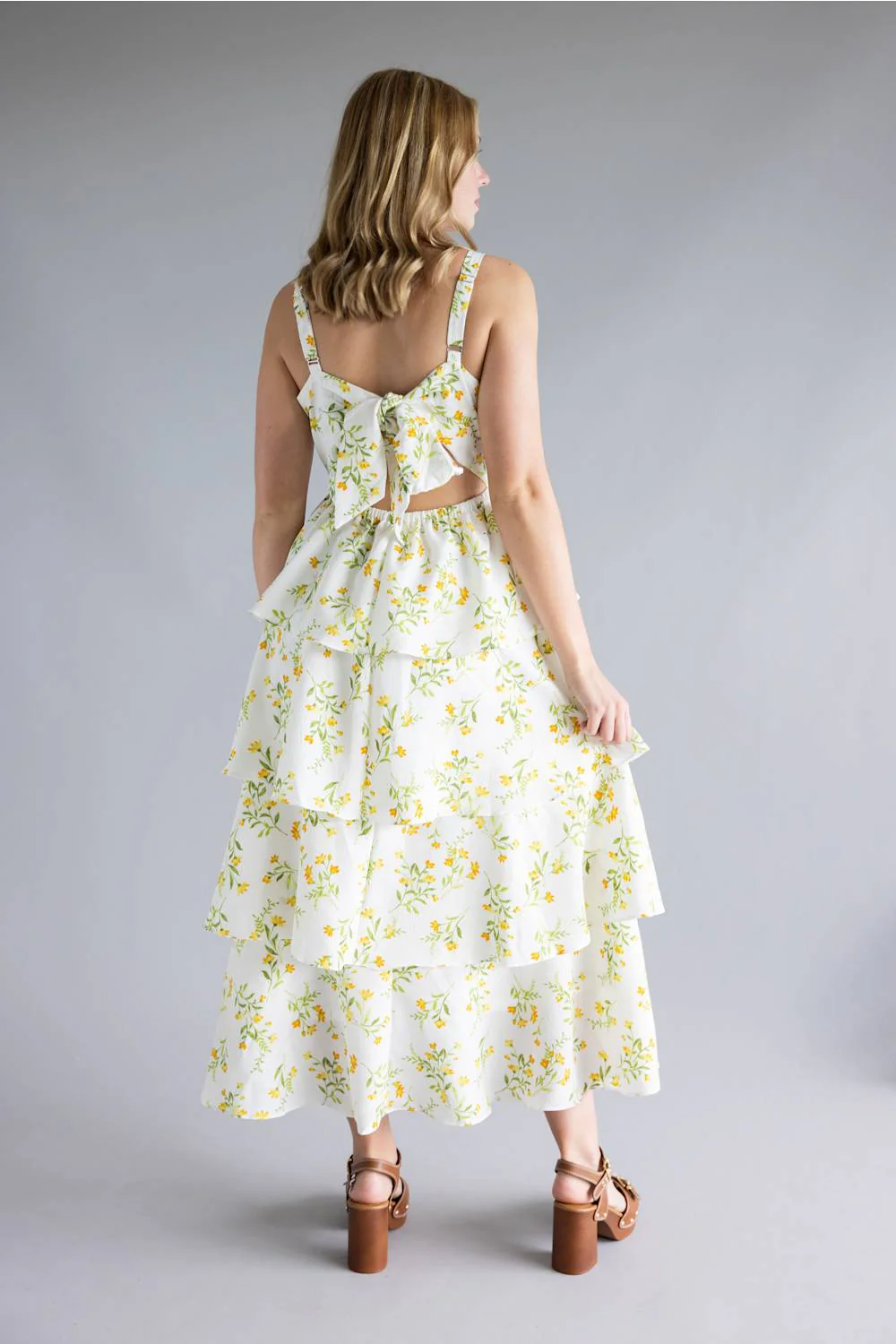 Tiered Tie Back Floral Maxi Dress for Women in White/Yellow | CR2885-YELLOWMULTI - Image 4