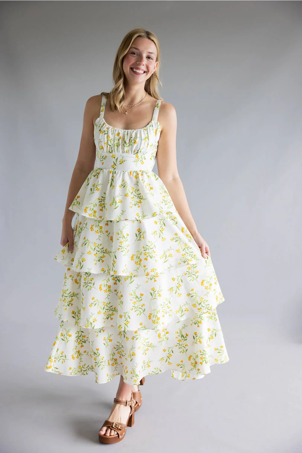 Tiered Tie Back Floral Maxi Dress for Women in White/Yellow | CR2885-YELLOWMULTI - Image 5