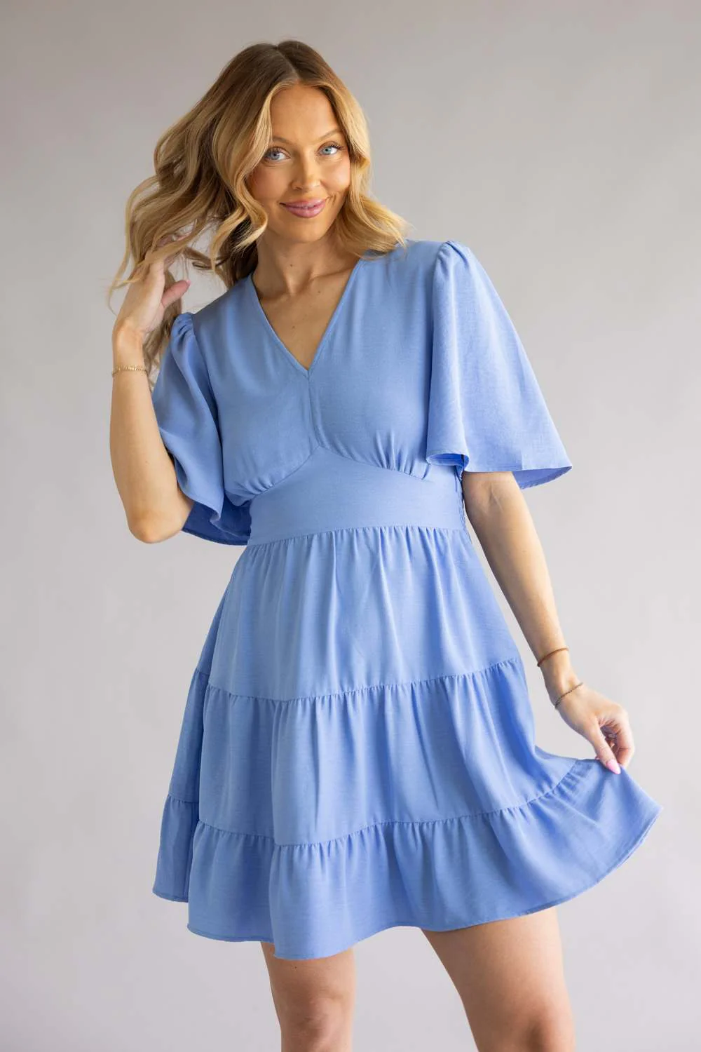 Tiered V-Neck Flyaway Dress for Women in Sky | R603424-SKY - Image 4