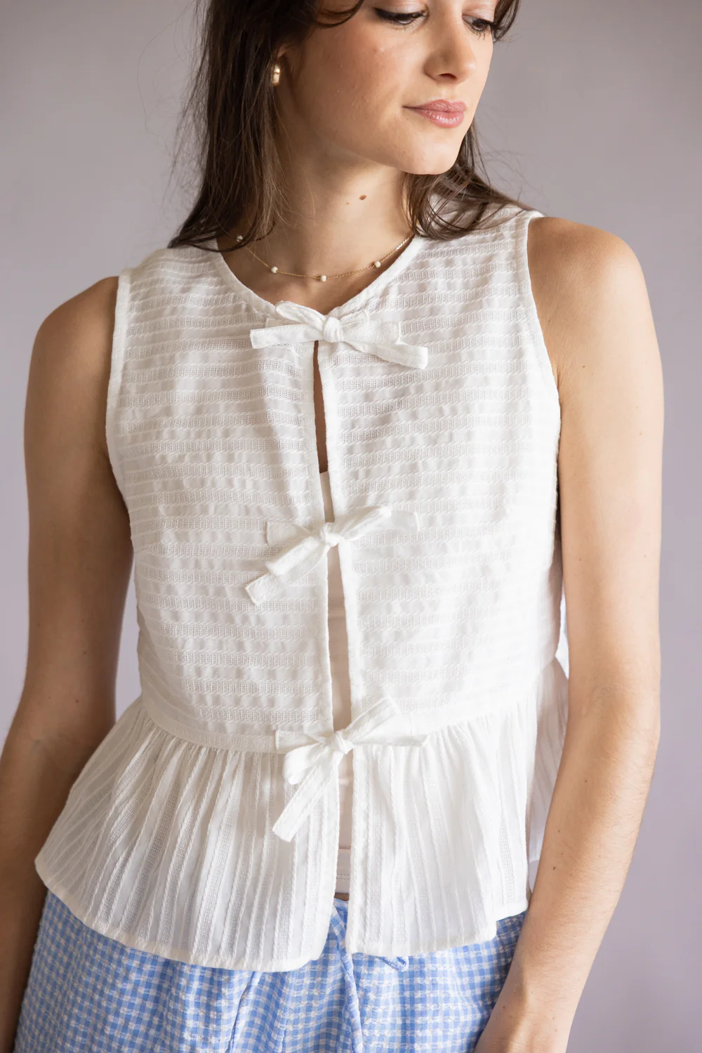 Triple Bow Tie Front Top for Women in White | PT50142-GL-WHITE - Image 2
