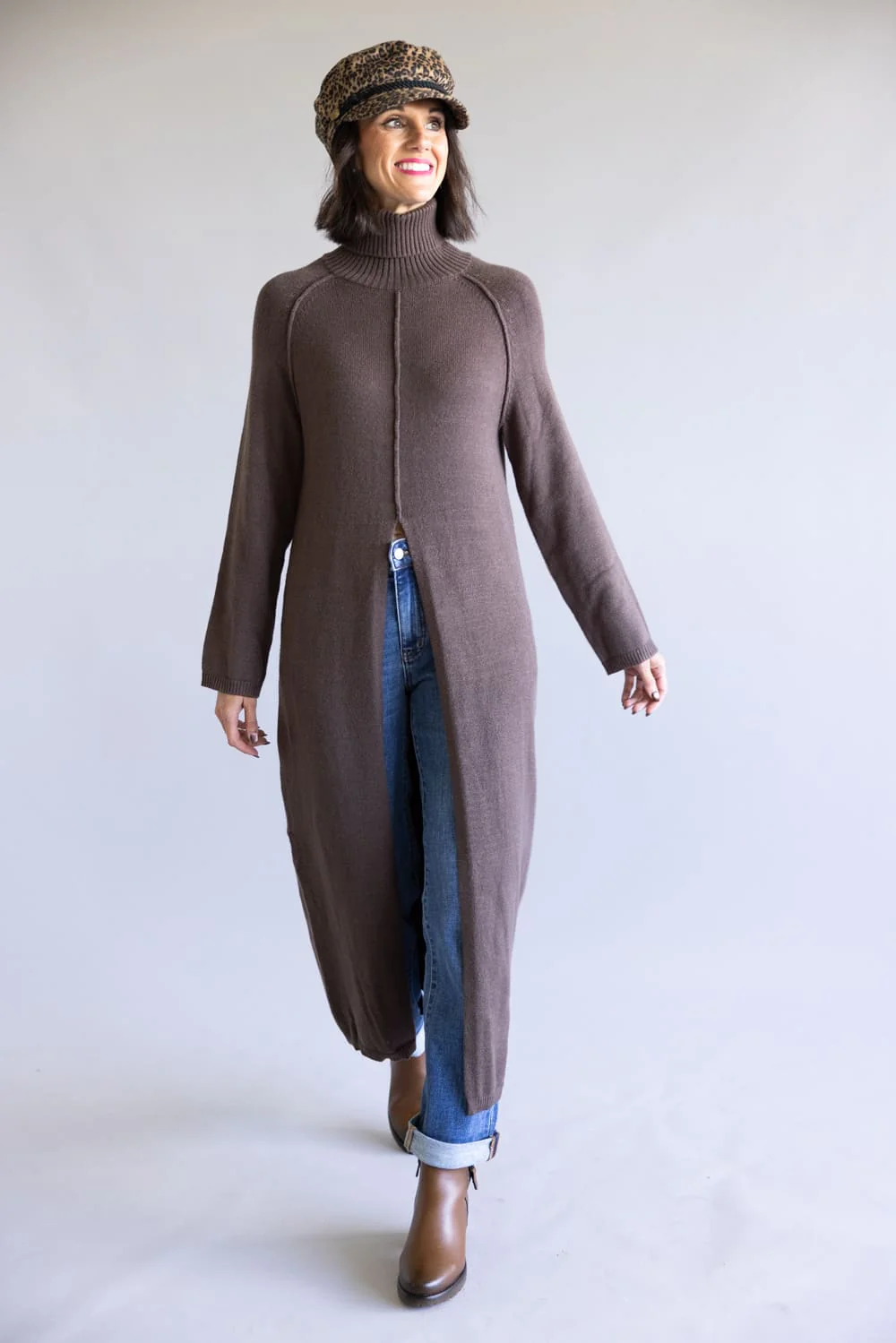 Turtleneck Tunic Sweater for Women in Brown | MD4063-BROWN - Image 3