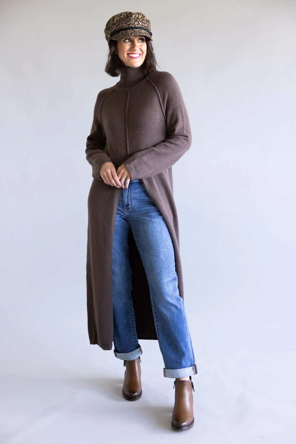 Turtleneck Tunic Sweater for Women in Brown | MD4063-BROWN - Image 4