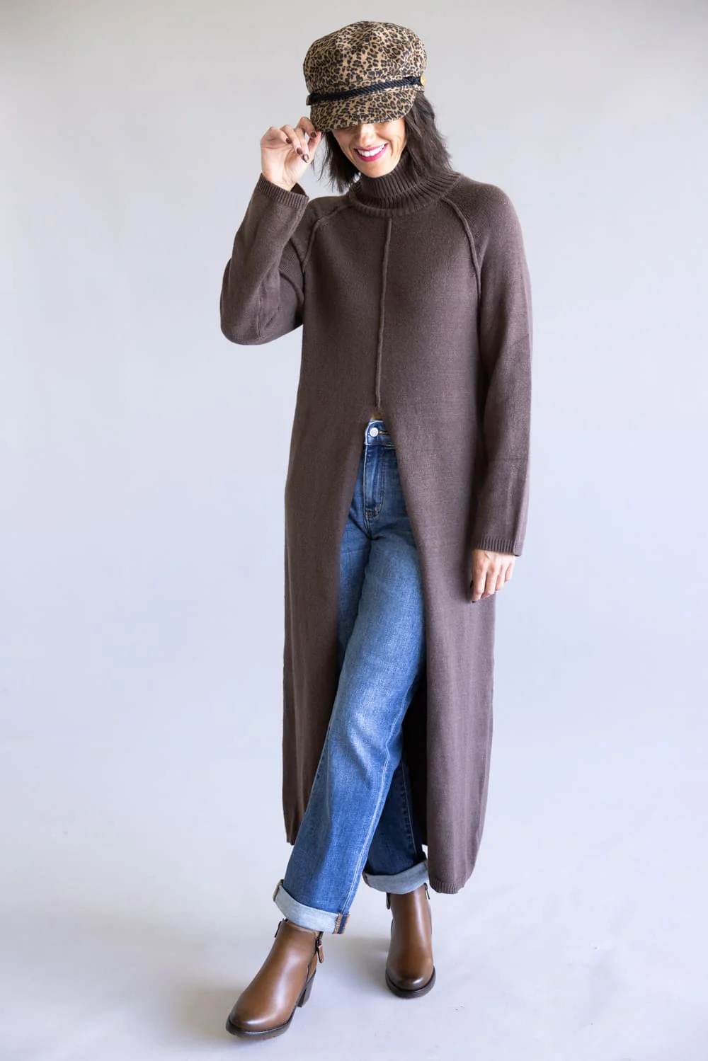 Turtleneck Tunic Sweater for Women in Brown | MD4063-BROWN - Image 5