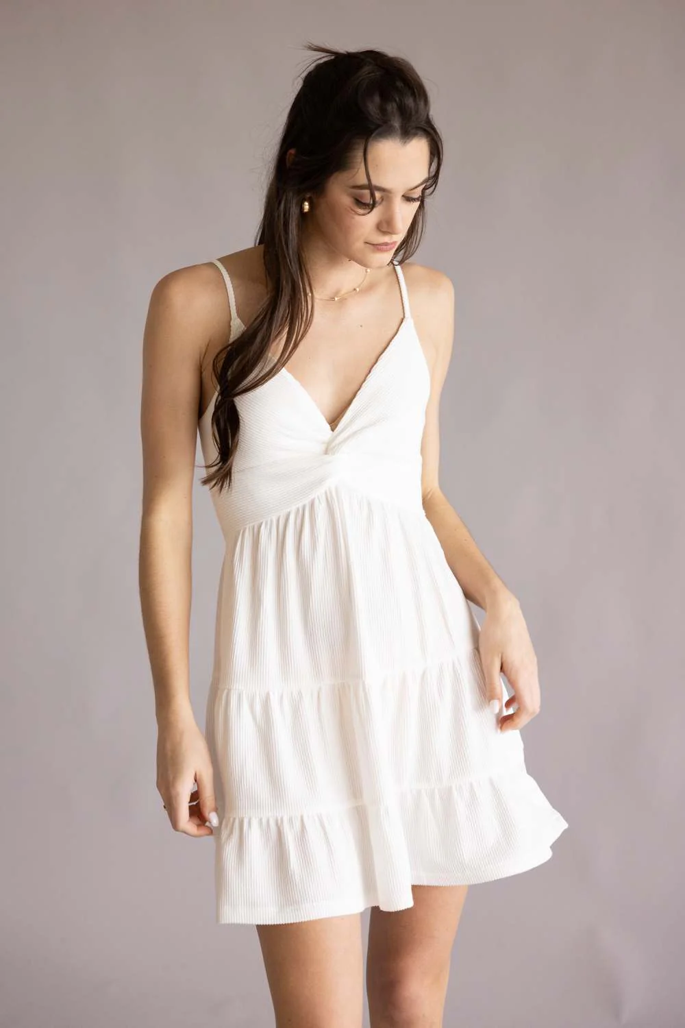 Twist Front Ribbed Dress for Women in White | B11377-WHT - Image 3