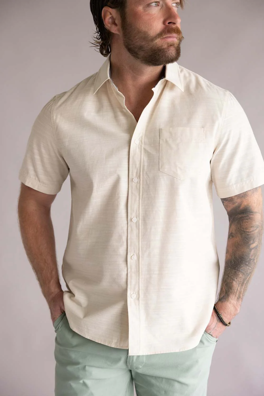 Union Lennox Slub Cotton Button Up Shirt for Men in Sand | H133504-SAND - Image 4
