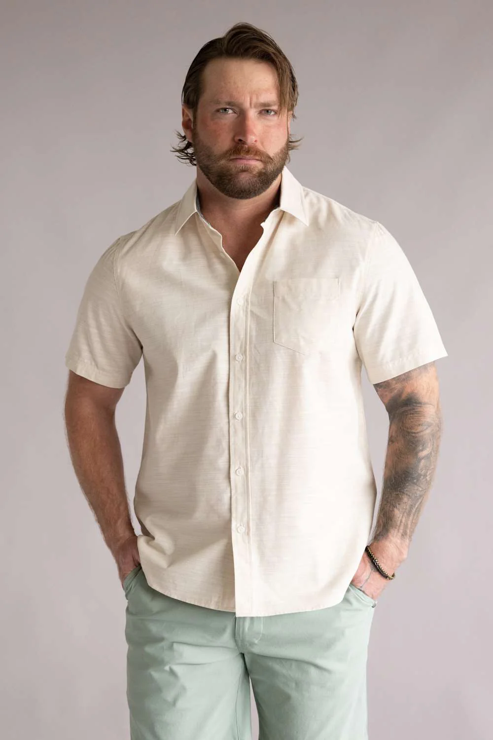 Union Lennox Slub Cotton Button Up Shirt for Men in Sand | H133504-SAND - Image 5