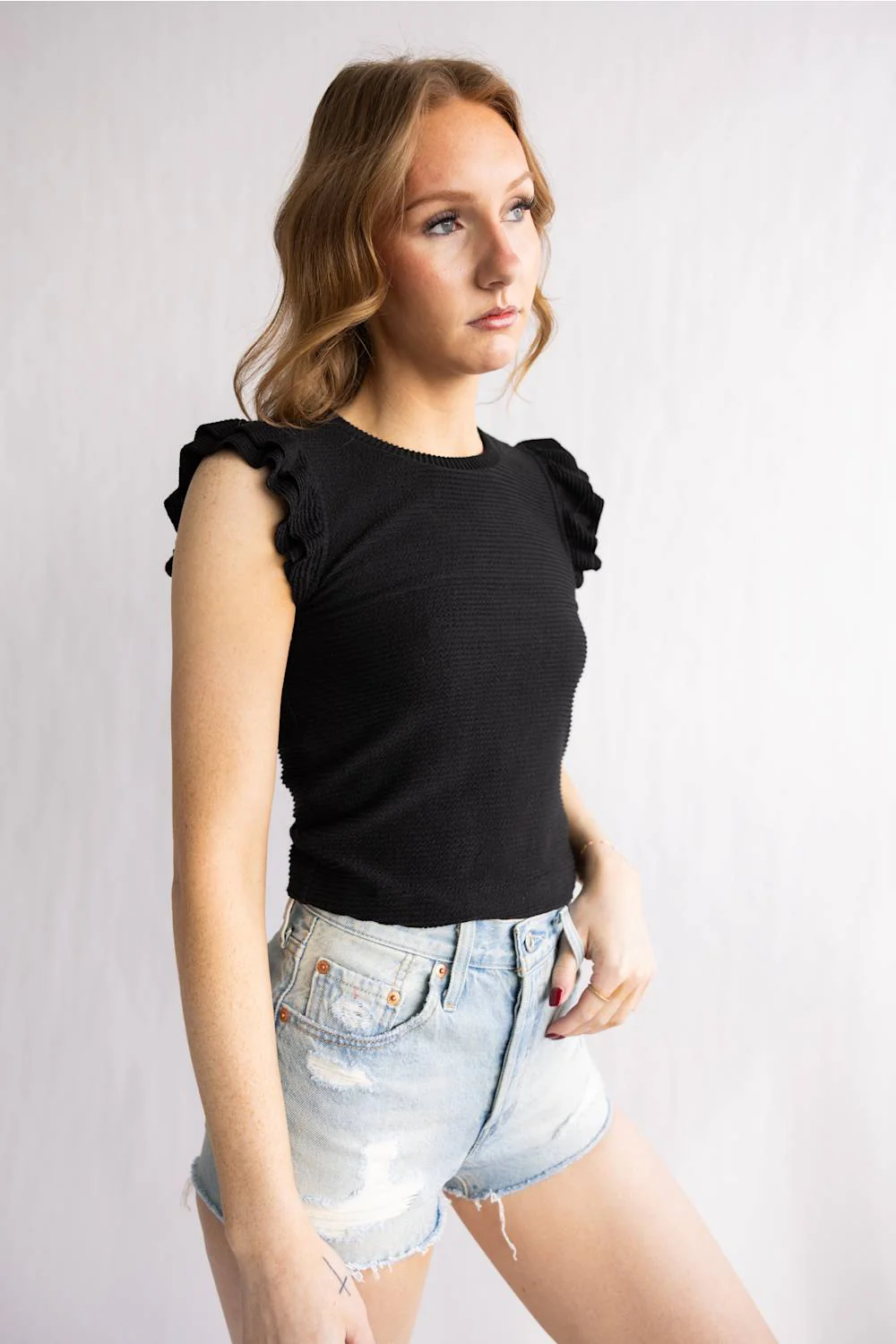 Urban Rib Flutter Sleeve Top for Women in Black | MTL825-URB-JETBLACK - Image 2