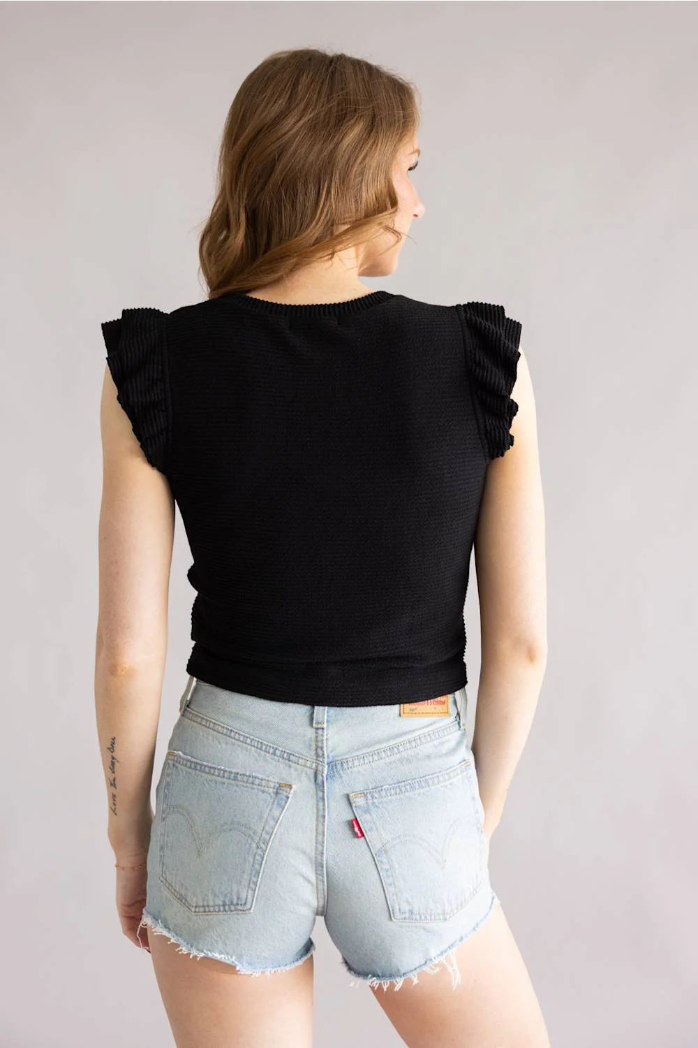 Urban Rib Flutter Sleeve Top for Women in Black | MTL825-URB-JETBLACK - Image 3
