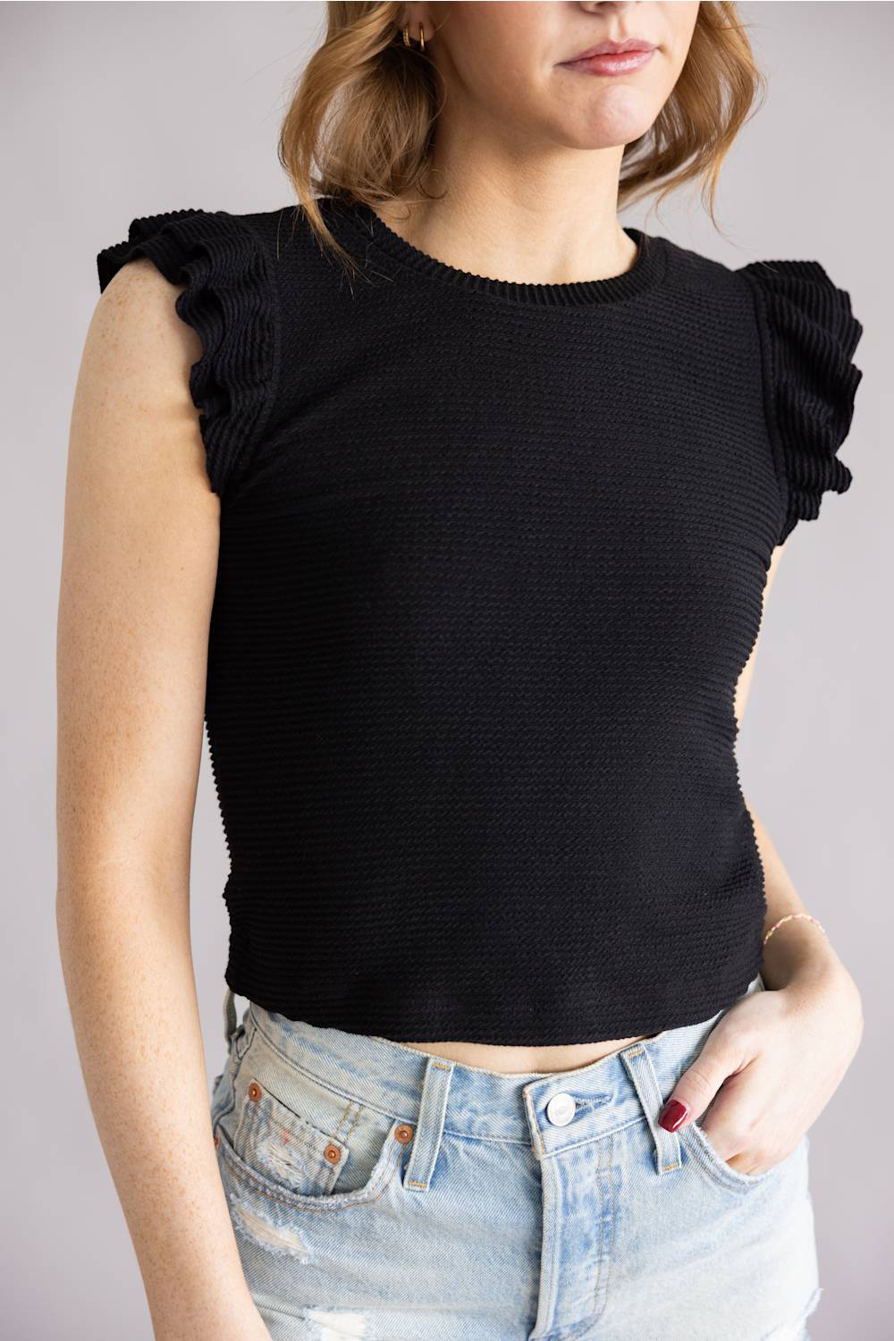 Urban Rib Flutter Sleeve Top for Women in Black | MTL825-URB-JETBLACK - Image 4