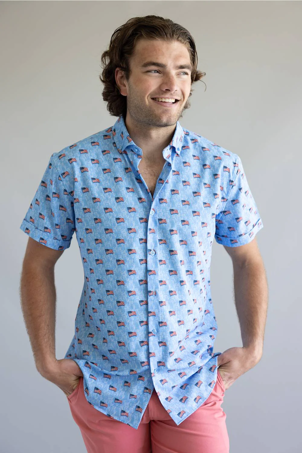 USA Flag Pattern Button Down Shirt for Men in Blue | BB429-BLUE - Image 2
