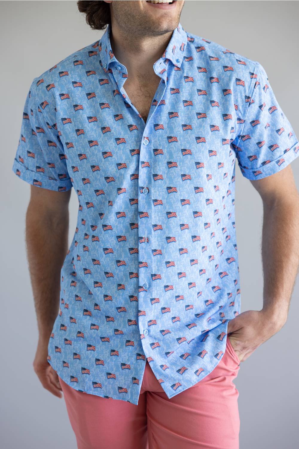 USA Flag Pattern Button Down Shirt for Men in Blue | BB429-BLUE - Image 4