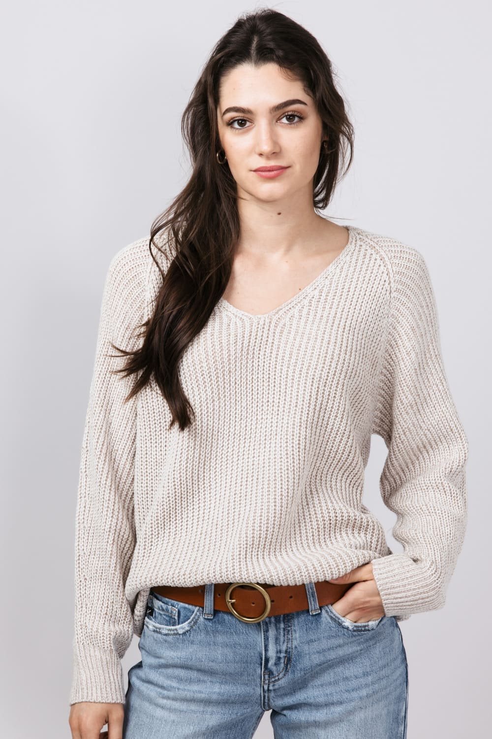 V Neck Sweater for Women in Dark Beige | 64379-DKBEIGE - Image 2