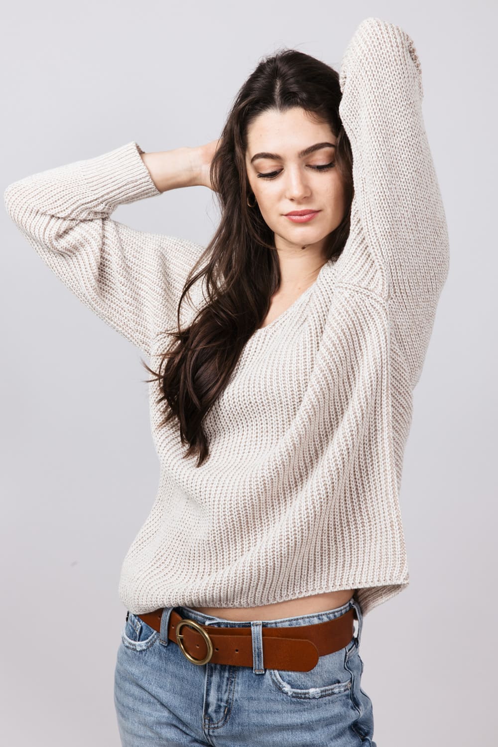 V Neck Sweater for Women in Dark Beige | 64379-DKBEIGE - Image 4