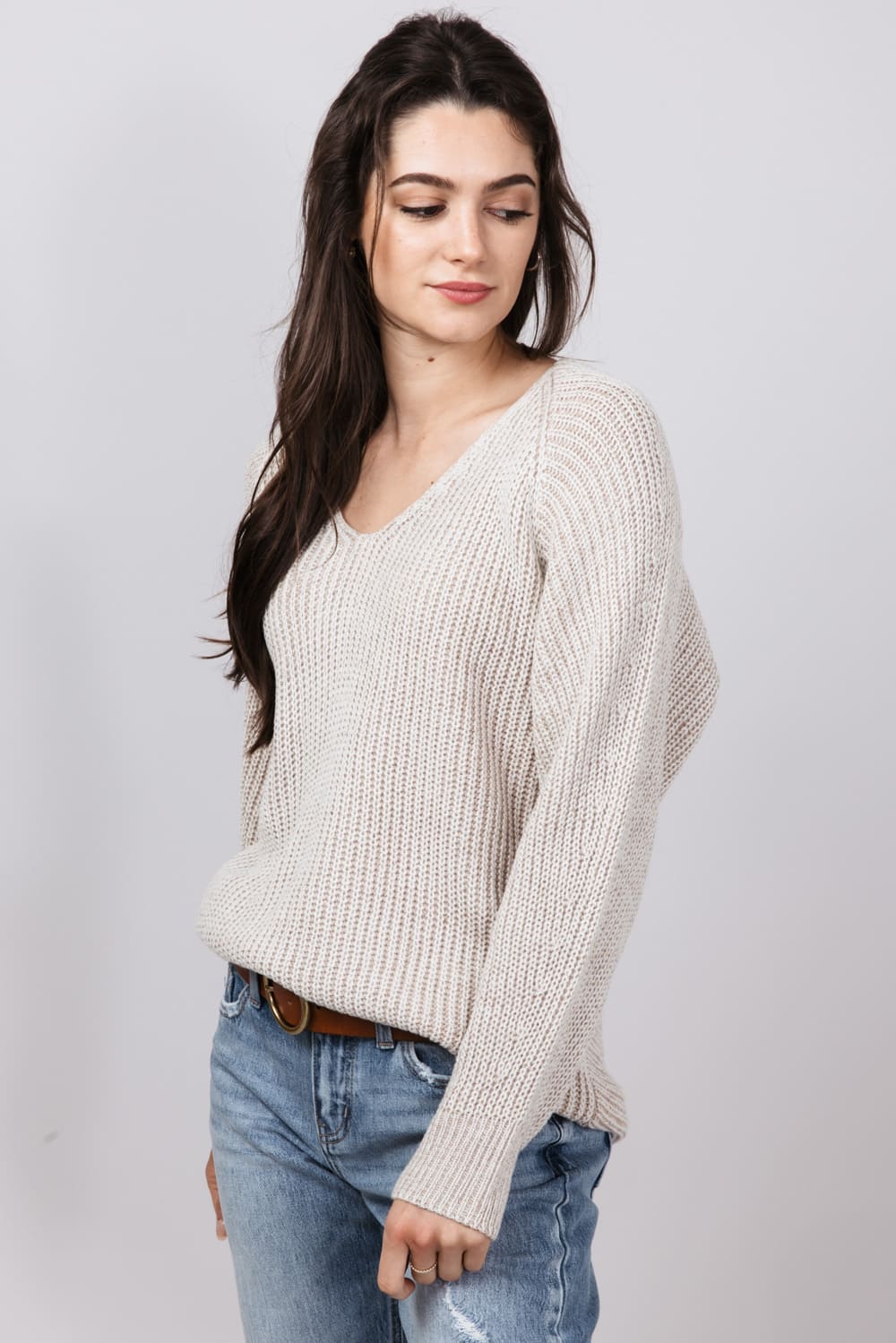 V Neck Sweater for Women in Dark Beige | 64379-DKBEIGE - Image 5